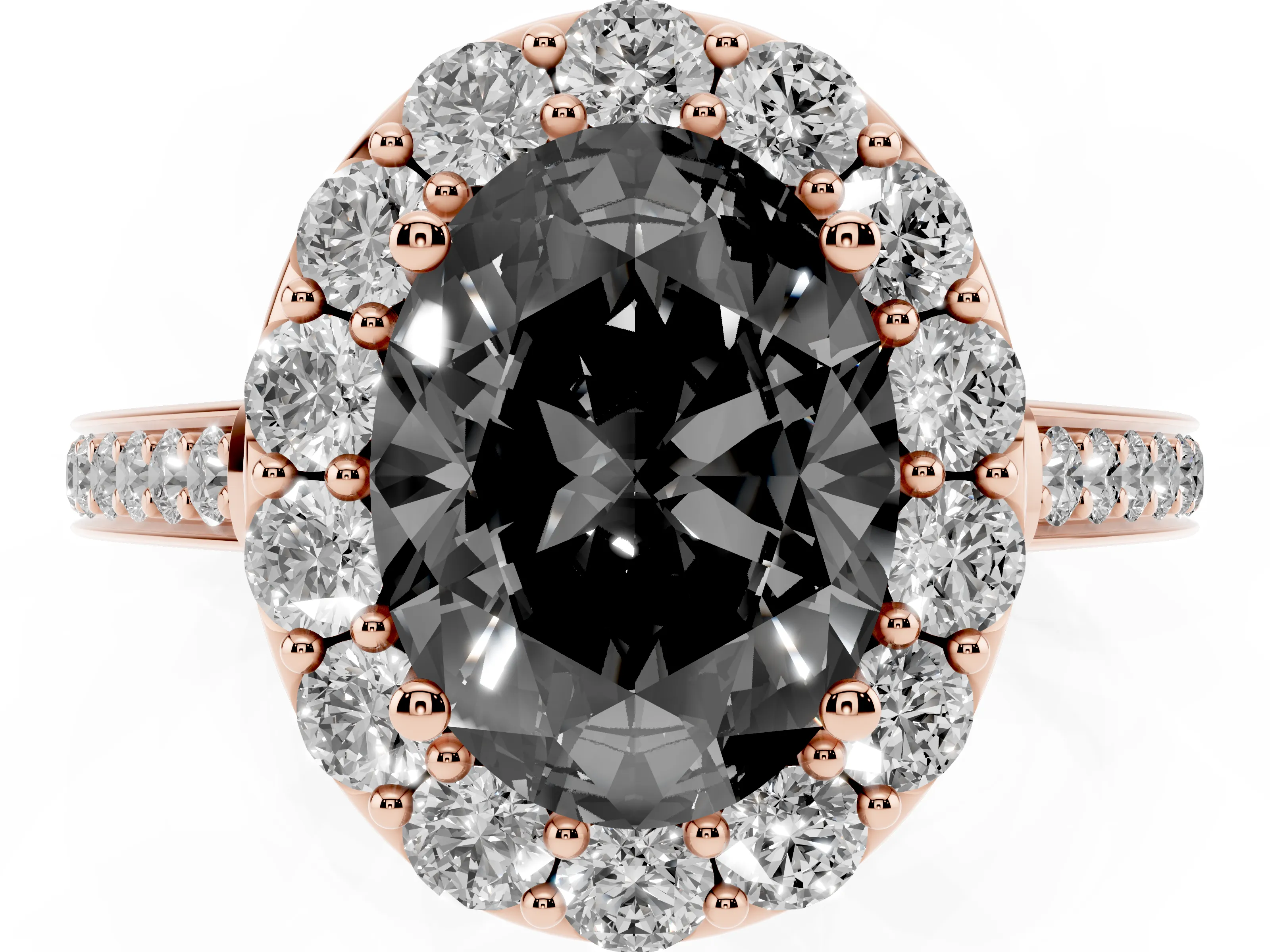 Fancy Black Oval Cut Diamond Floral Halo Ring Set in Rose gold with Pavé Band and Prong Setting