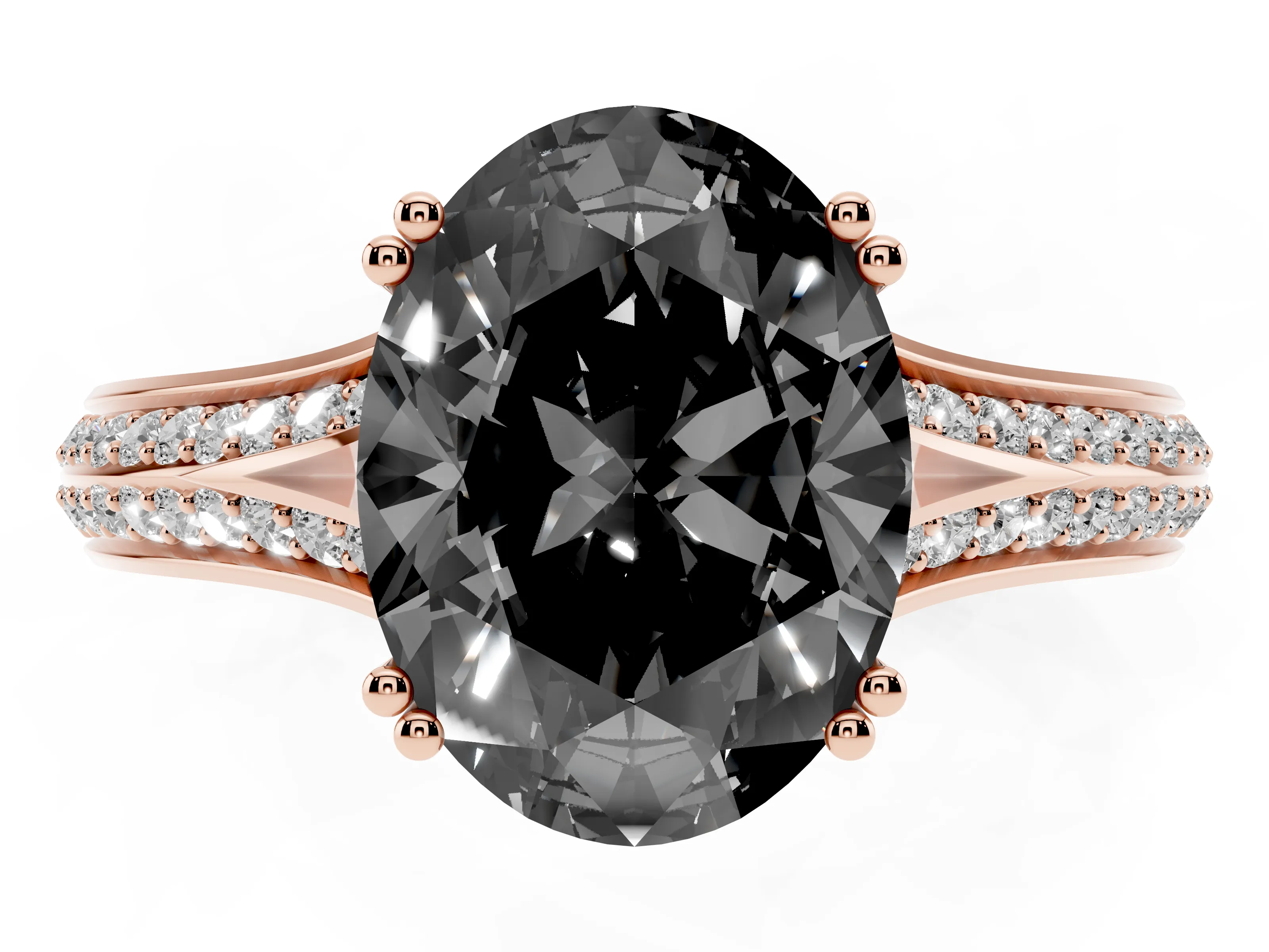 Fancy Black Oval Cut Diamond Split Shank Pavé Engagement Ring Set in Rose gold with Prong-Set Center Stone