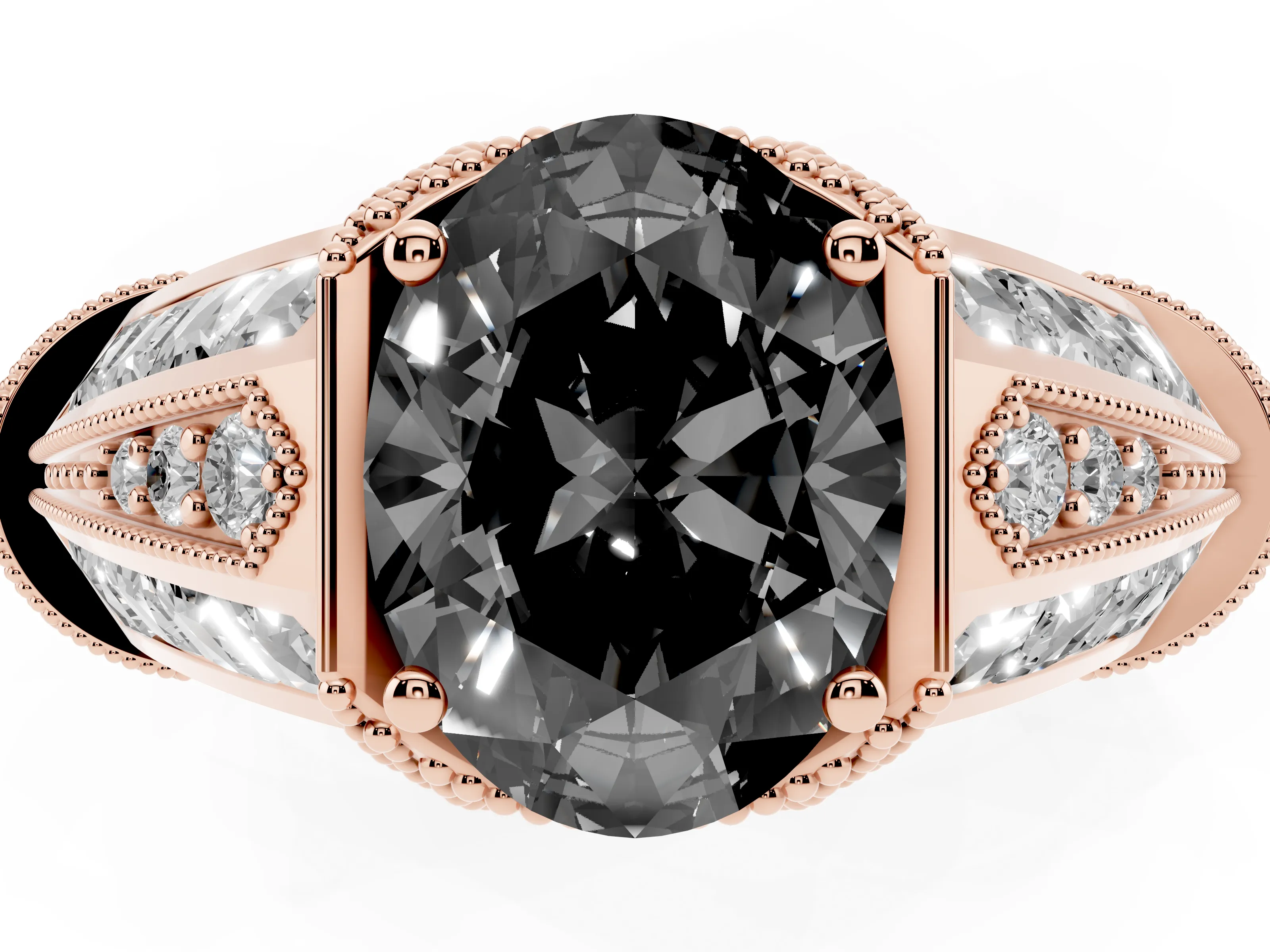 Fancy Black Oval Cut Diamond Vintage-Inspired Milgrain Ring Set in Rose gold with Accent Split Shank