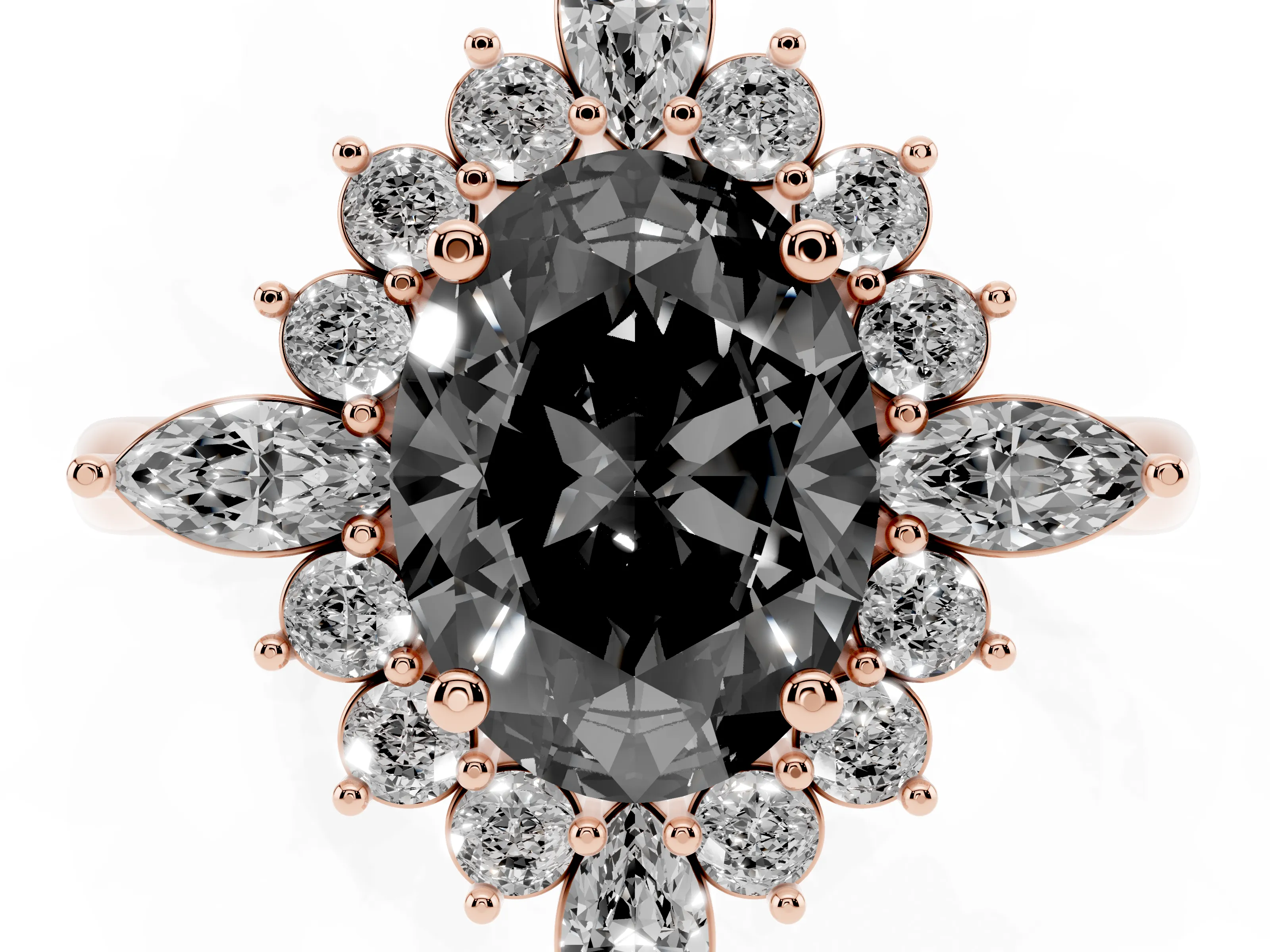 Fancy Black Oval Cut Diamond Cluster Halo Ring Set in Rose gold with Marquise and Round Accents