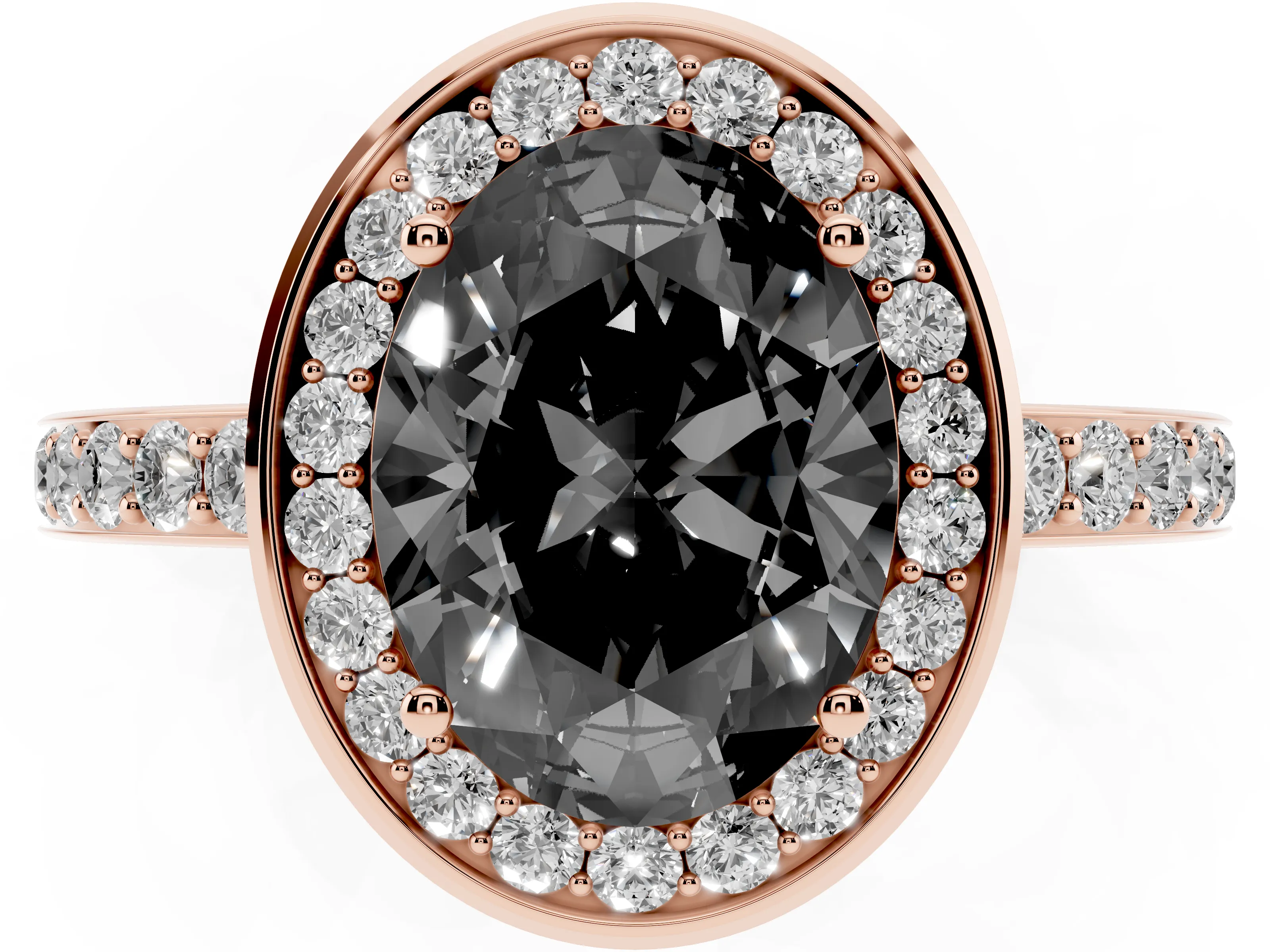 Fancy Black Oval Cut Diamond Halo Ring Set in Rose gold with Bezel Frame and Pavé Band