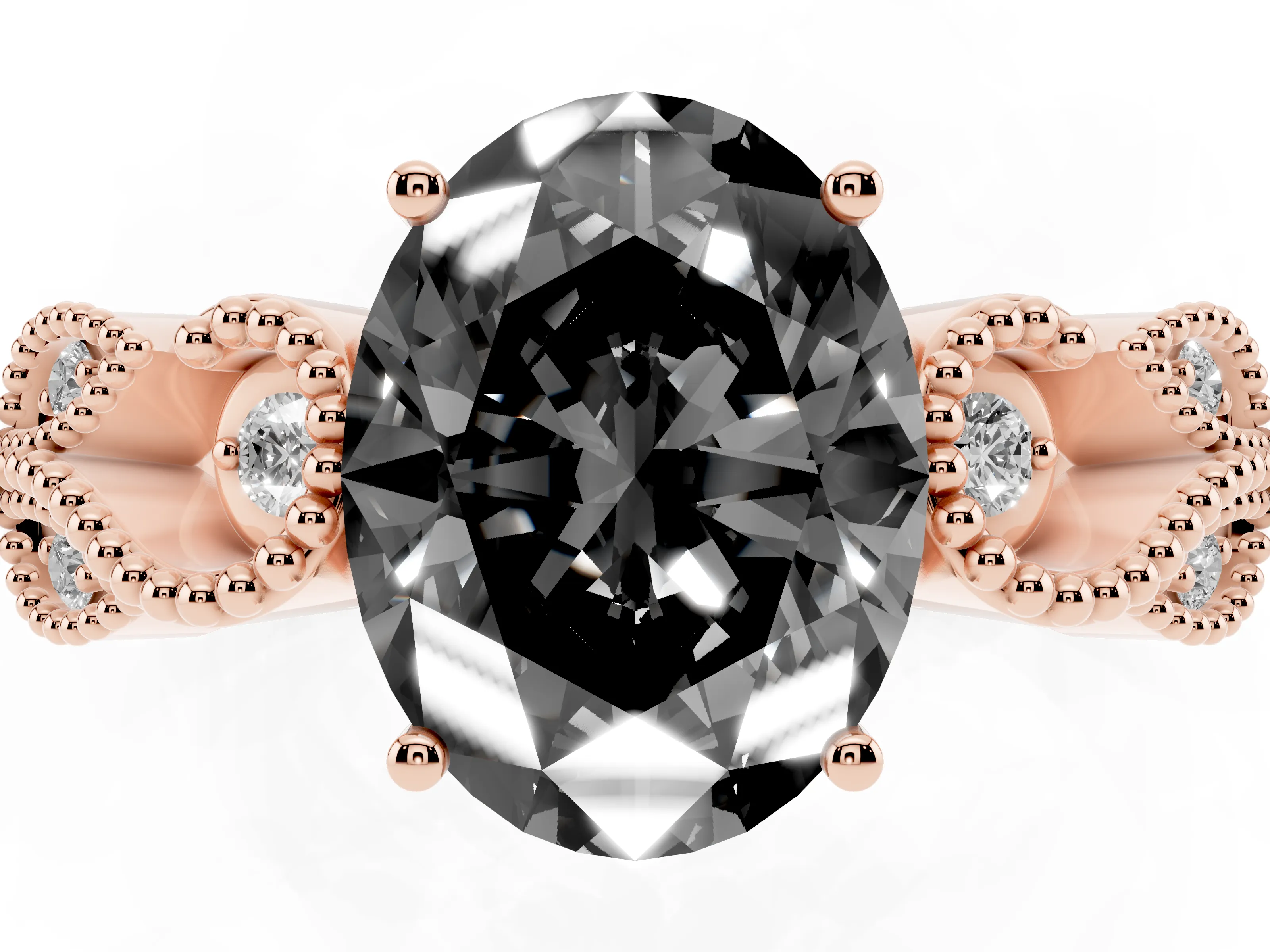 Fancy Black Oval Cut Diamond Milgrain Leaf Band Solitaire Ring Set in Rose gold with Accent Stones and Prong Setting
