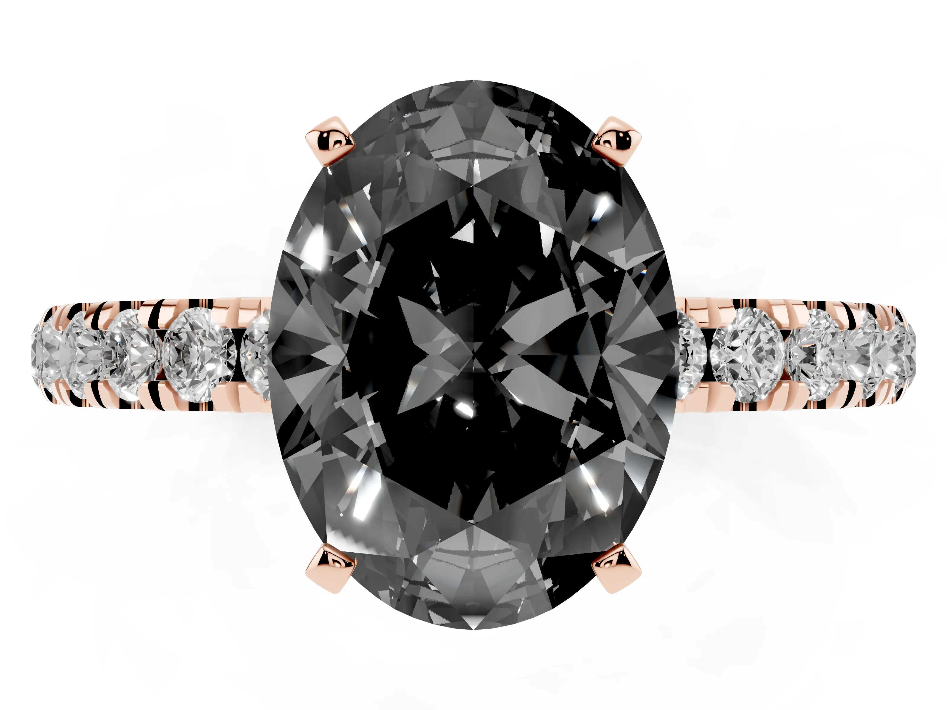 Fancy Black Oval Cut Diamond Solitaire Ring Set in Rose gold with Pavé Accents and Prong Setting