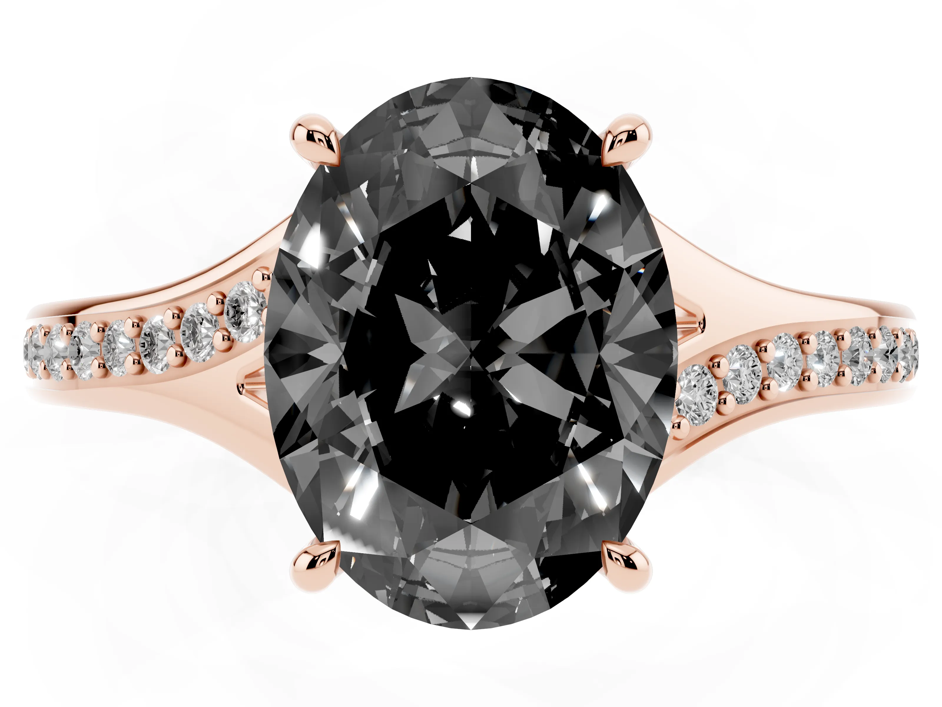 Fancy Black Oval Cut Diamond Solitaire Ring Set in Rose gold with Pavé Accent Band and Classic Prong Setting