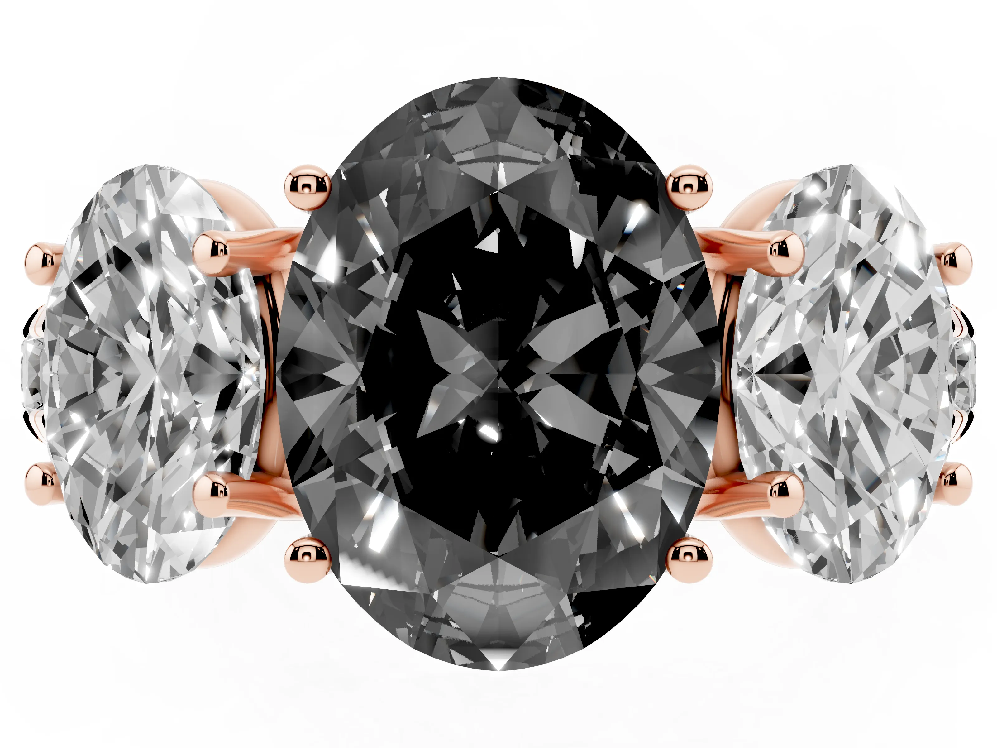 Fancy Black Oval Cut Diamond Three-Stone Ring Set in Rose gold with Pavé Band
