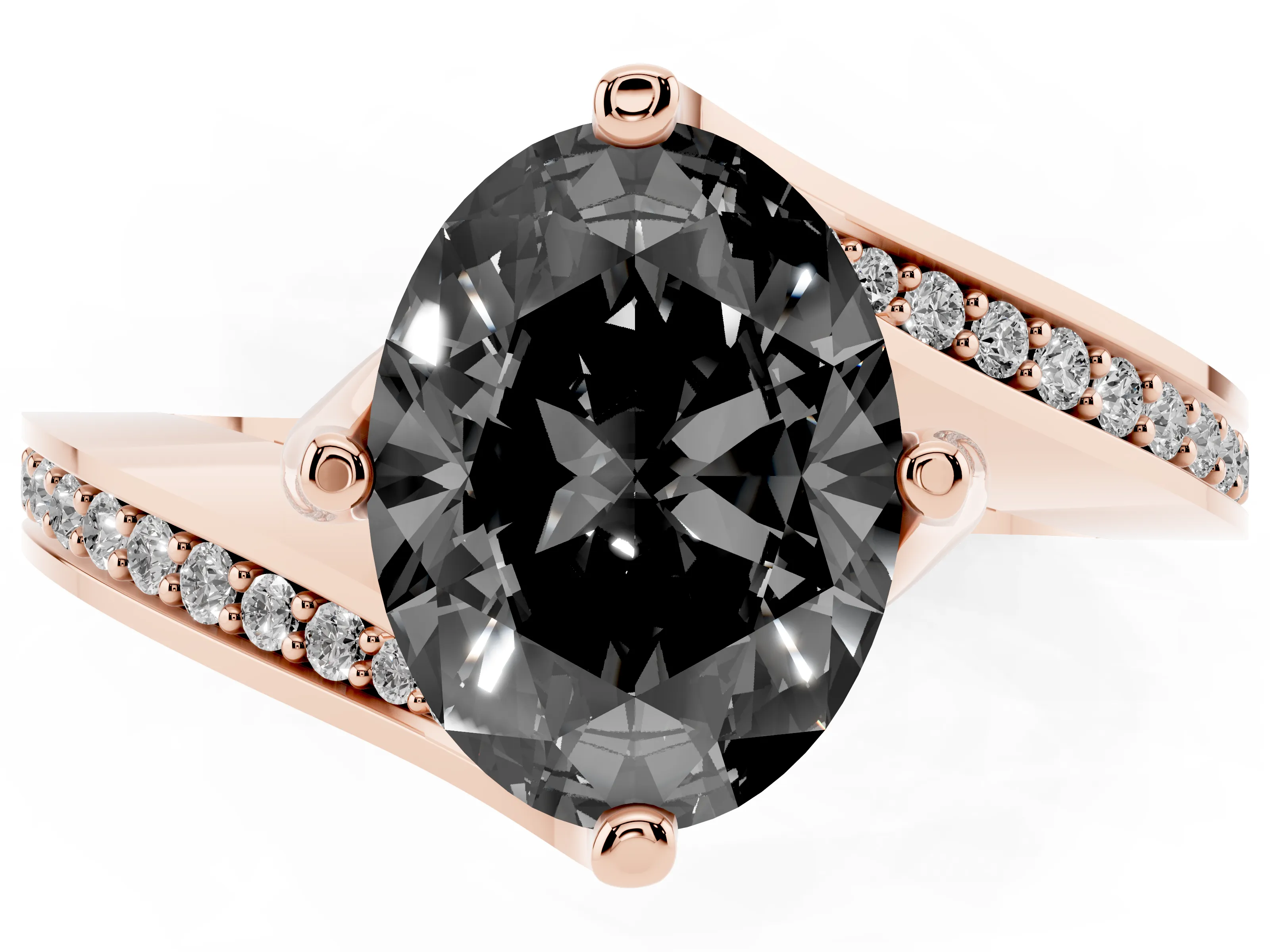 Fancy Black Oval Cut Diamond Solitaire Ring Set in Rose gold with Intertwined Pavé Twist Band