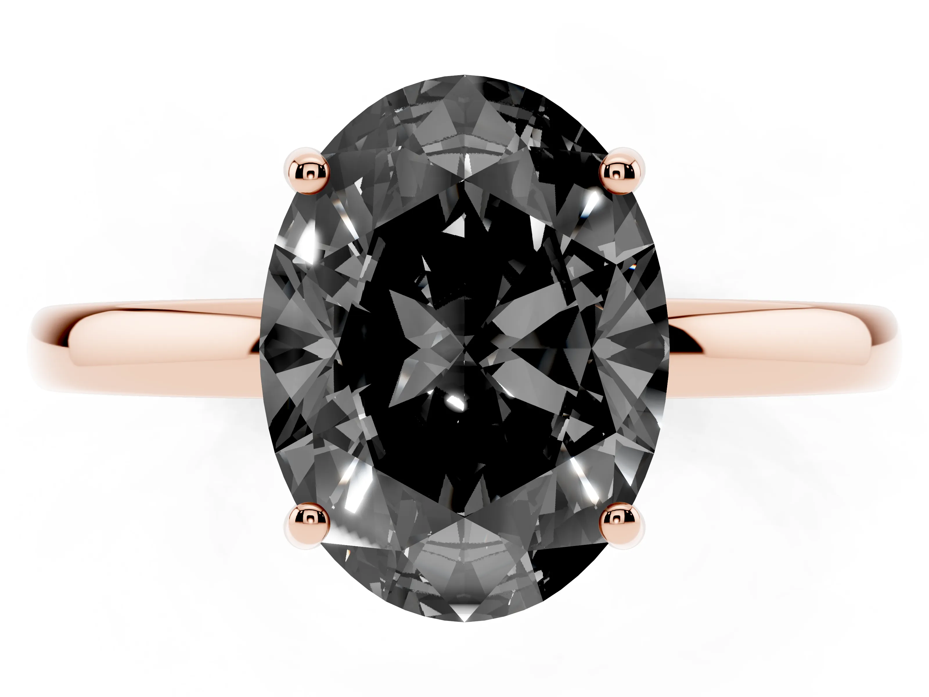 Fancy Black Oval Cut Diamond Solitaire Ring Set in Rose gold with Plain Band and Prong Setting