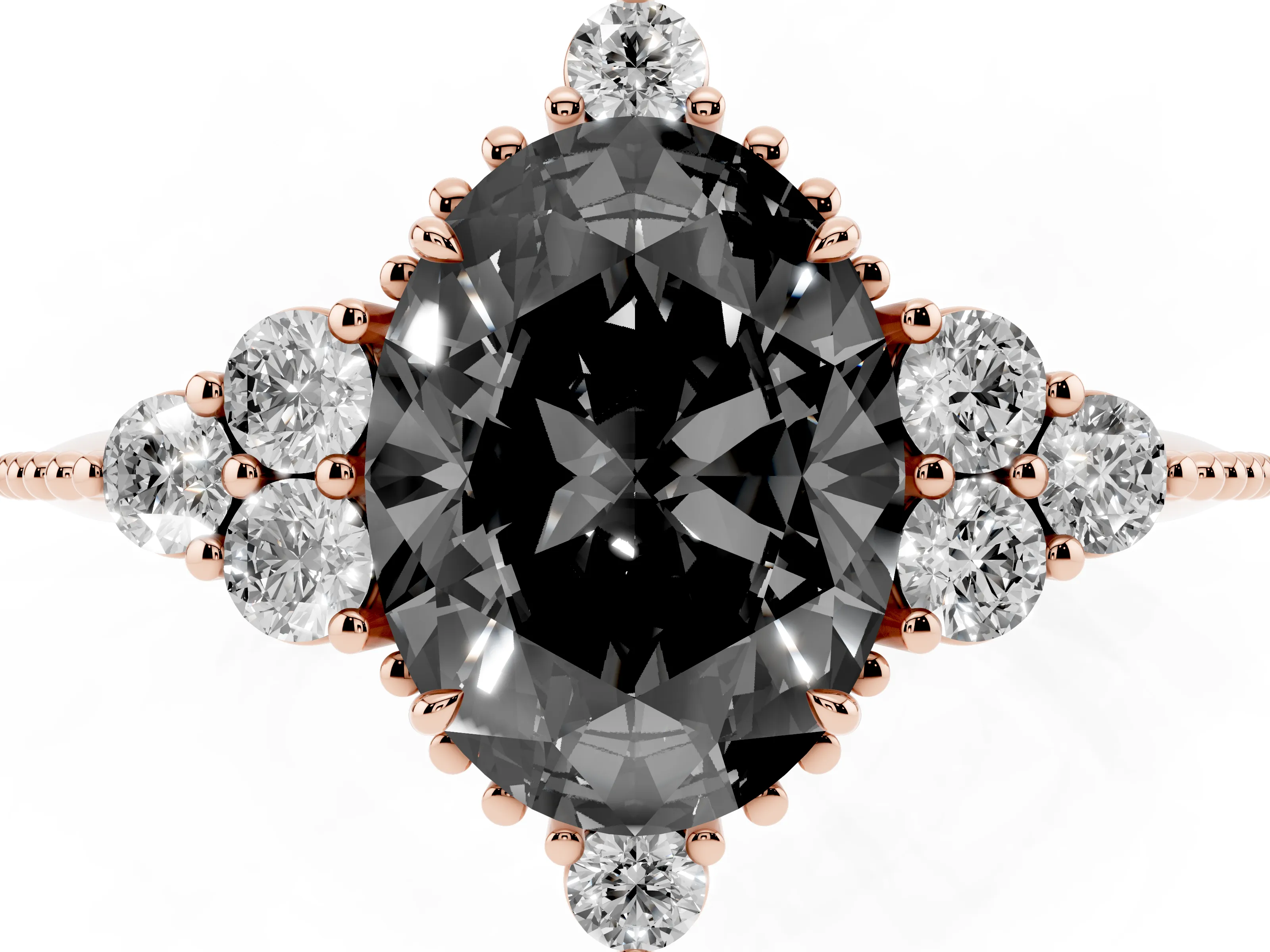 Fancy Black Oval Cut Diamond Cluster Ring Set in Rose gold with Beaded Band