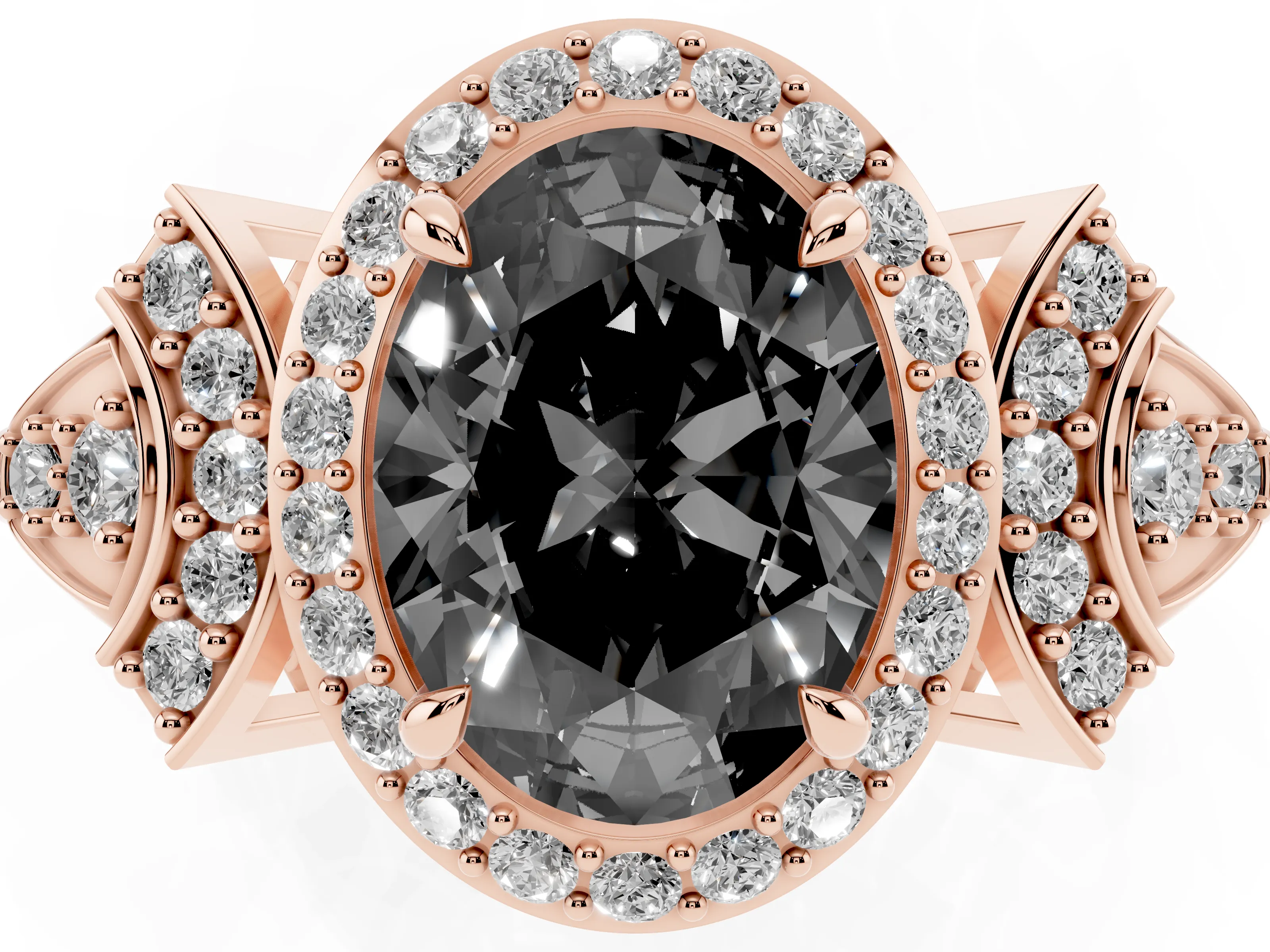 Fancy Black Oval Cut Diamond Halo Engagement Ring Set in Rose gold with Accent Stone Split Shank