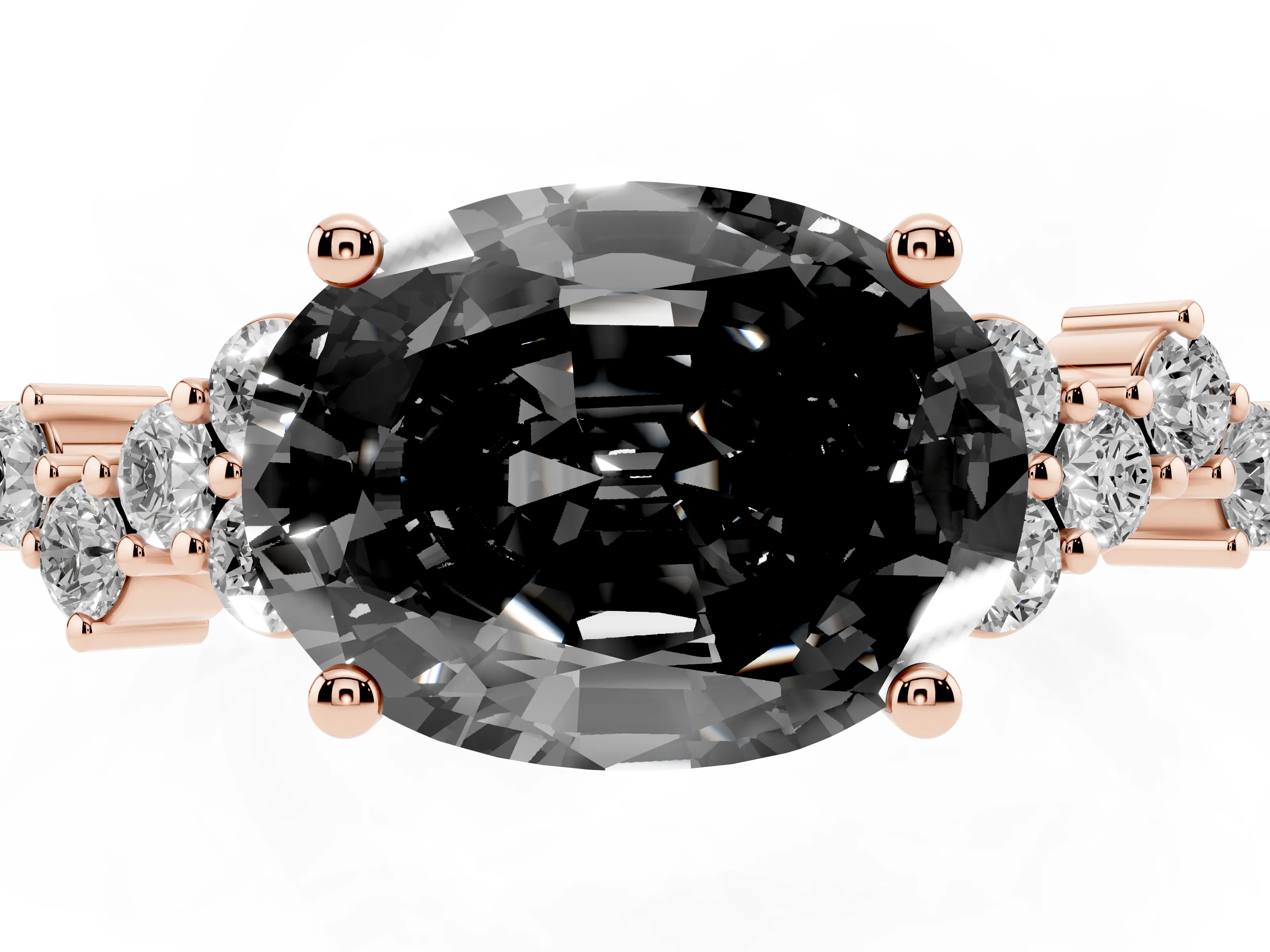 Fancy Black Oval Cut Diamond Ring Set in Rose gold with Scattered Round Accents