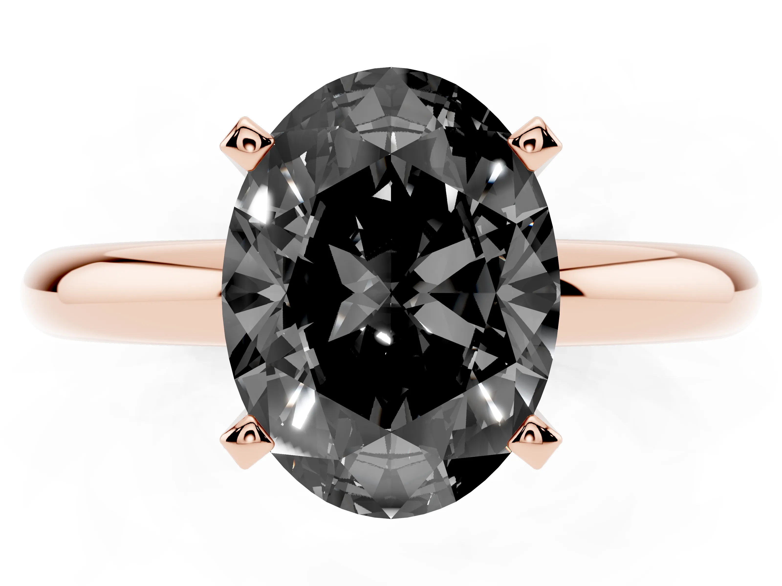 Fancy Black Oval Cut Diamond Solitaire Engagement Ring Set in Rose gold with Round Band and Prong Setting