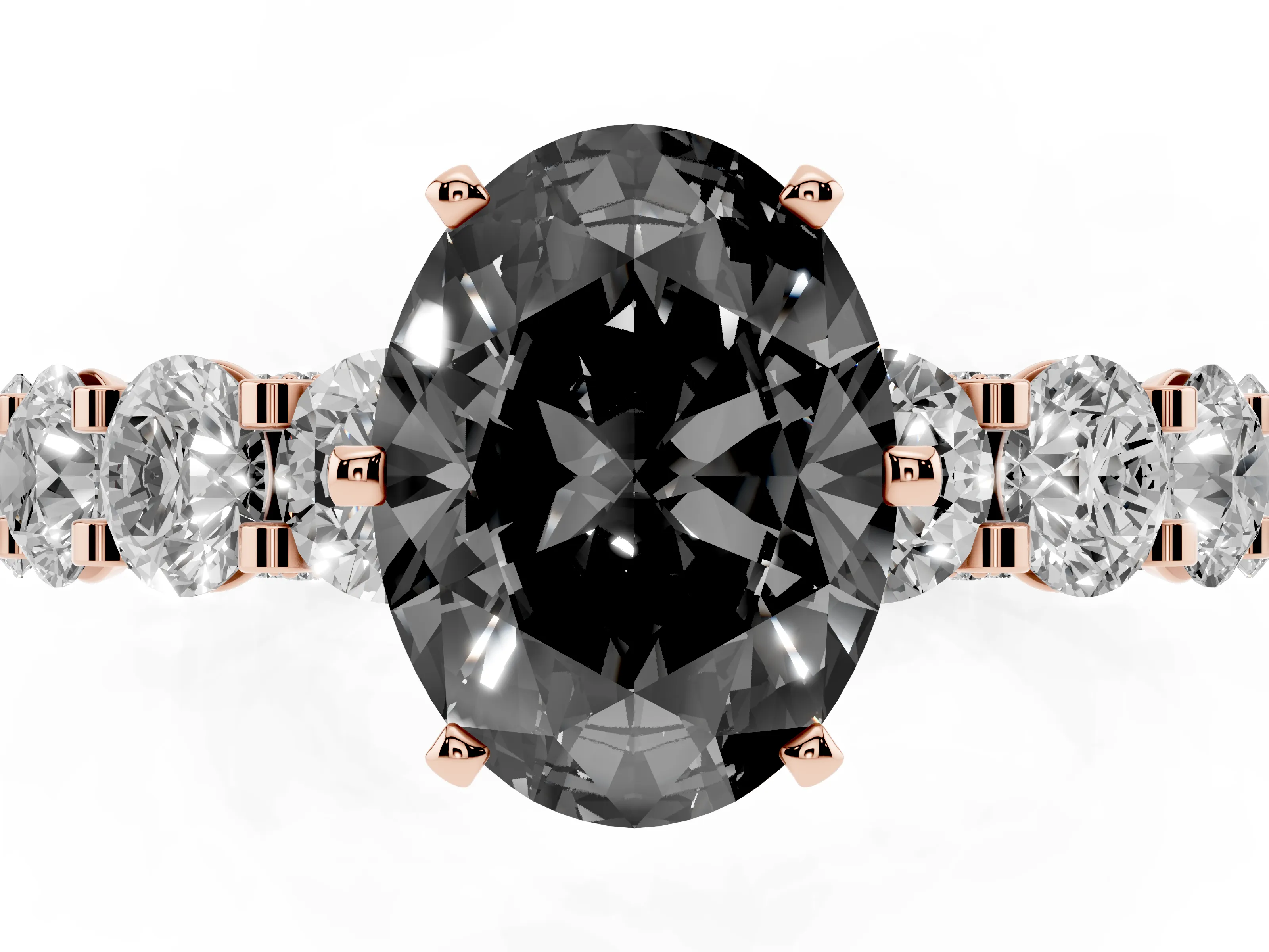 Fancy Black Oval Cut Diamond Side Stone Ring Set in Rose gold with Alternating Round and Oval Side Stones