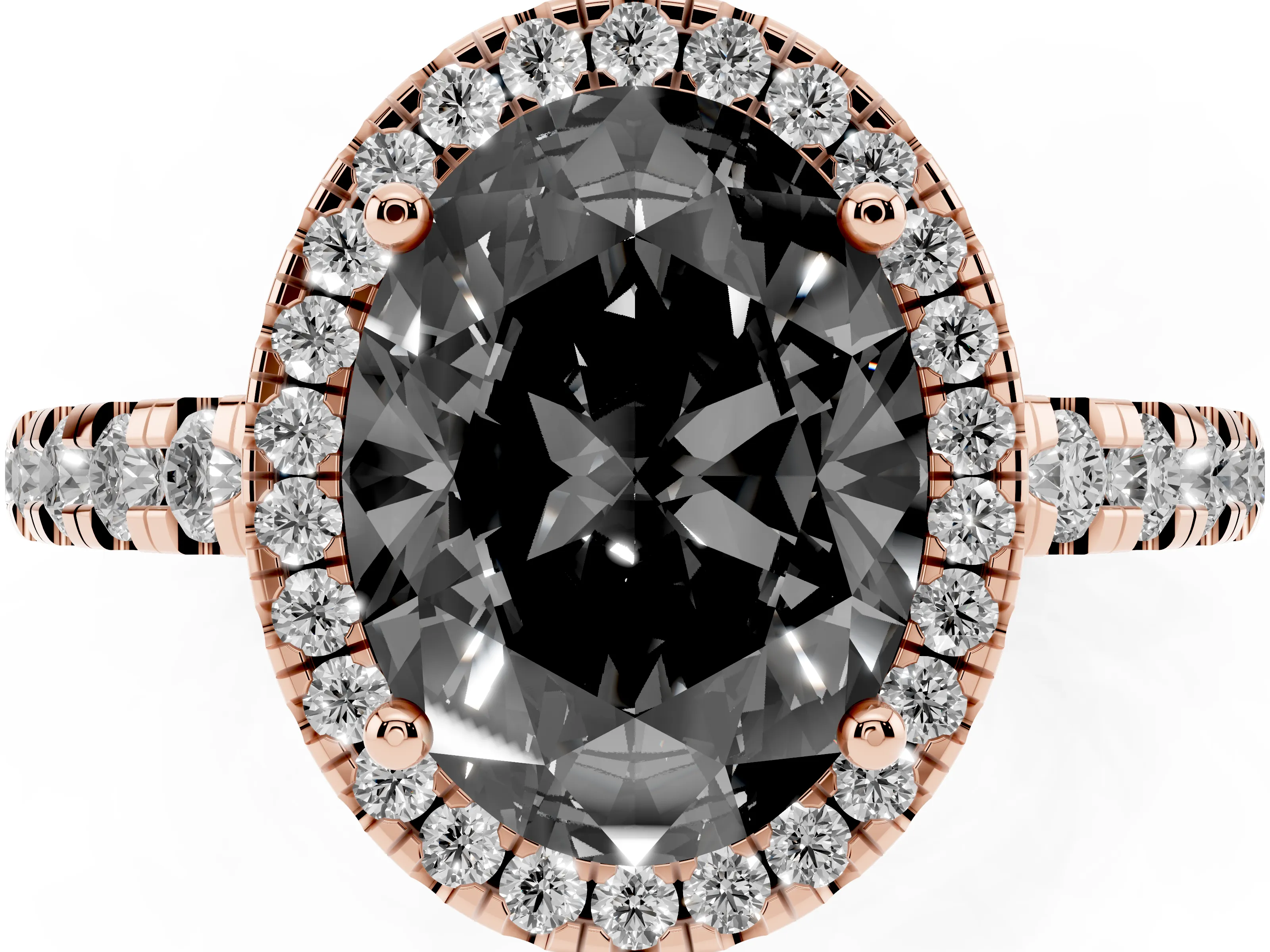 Fancy Black Oval Cut Diamond Halo Ring Set in Rose gold with Delicate Pavé Band and Prong Setting