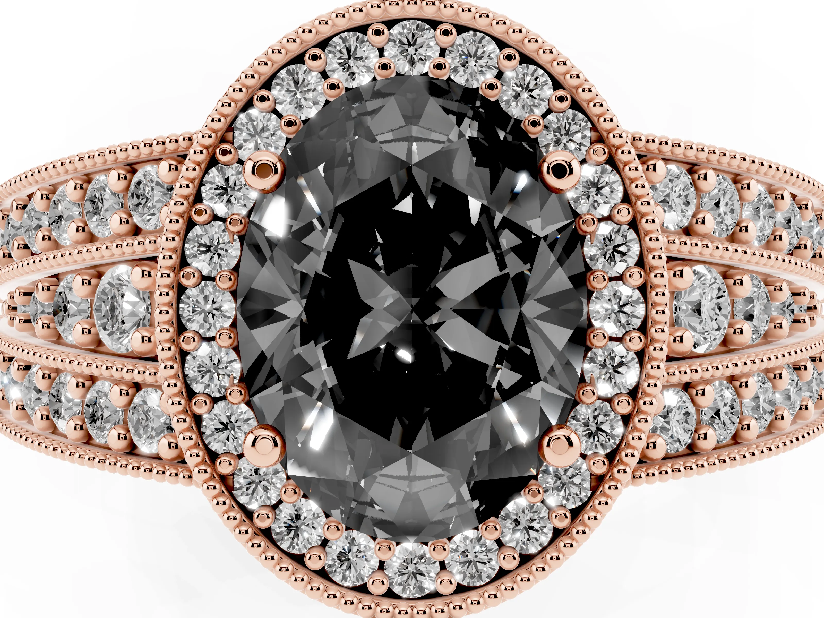 Fancy Black Oval Cut Diamond Halo Ring Set in Rose gold with Accent Split Shank and Prong Setting