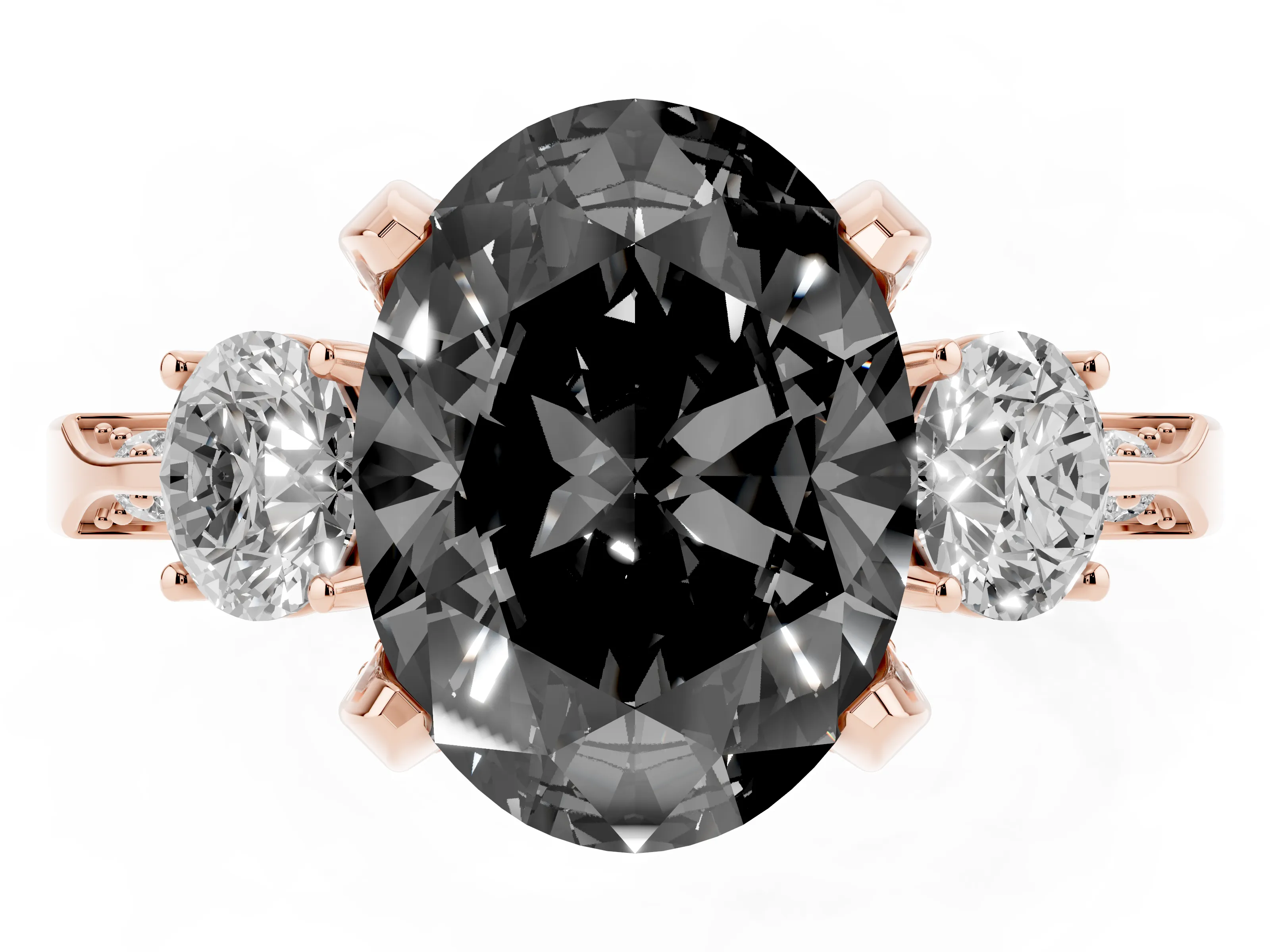 Fancy Black Oval Cut Diamond Three-Stone Ring Set in Rose gold with Pavé Band and Smaller Side Stones