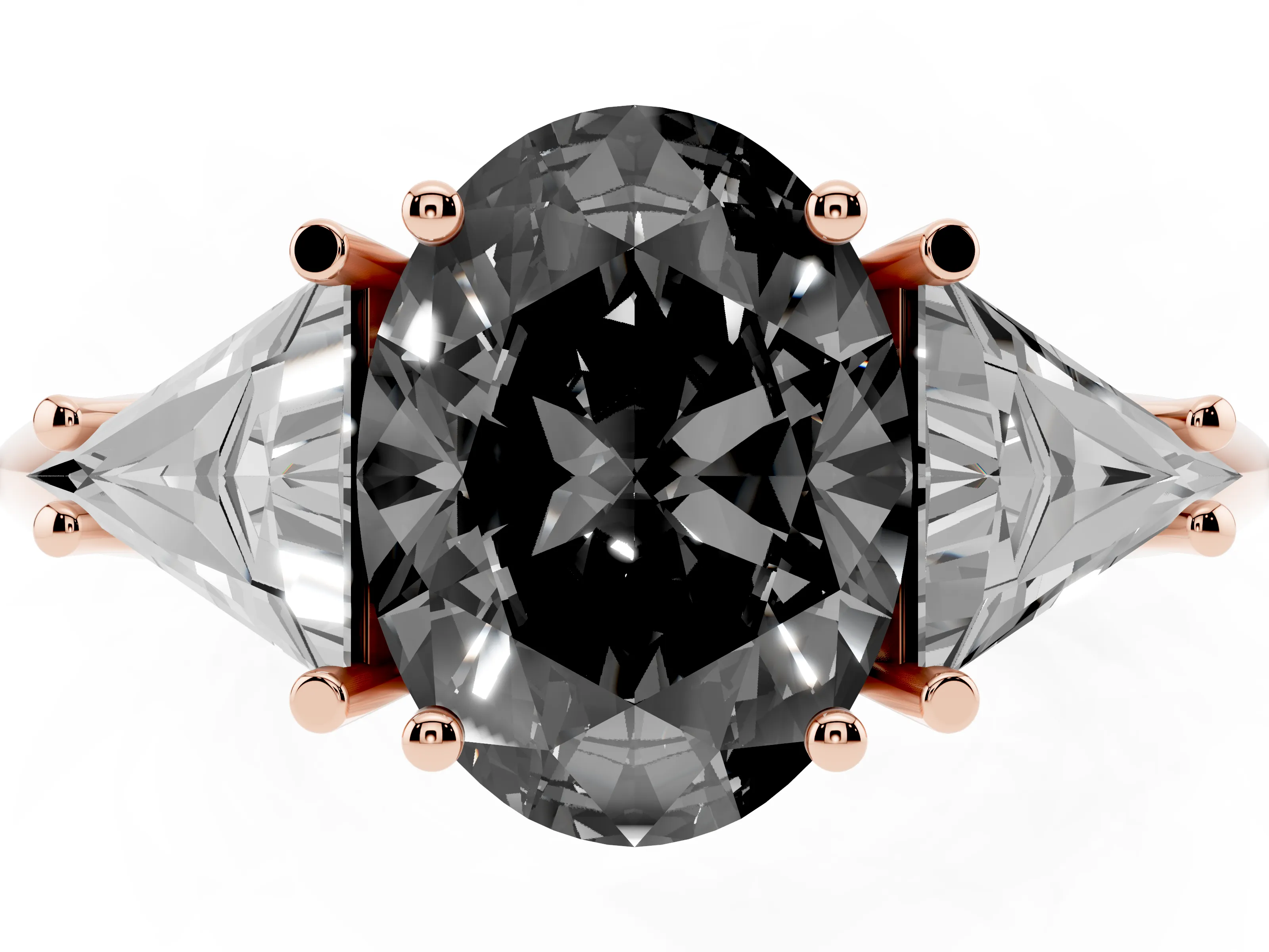 Fancy Black Oval Cut Diamond Three-Stone Engagement Ring Set in Rose gold with Trillion Side Stones