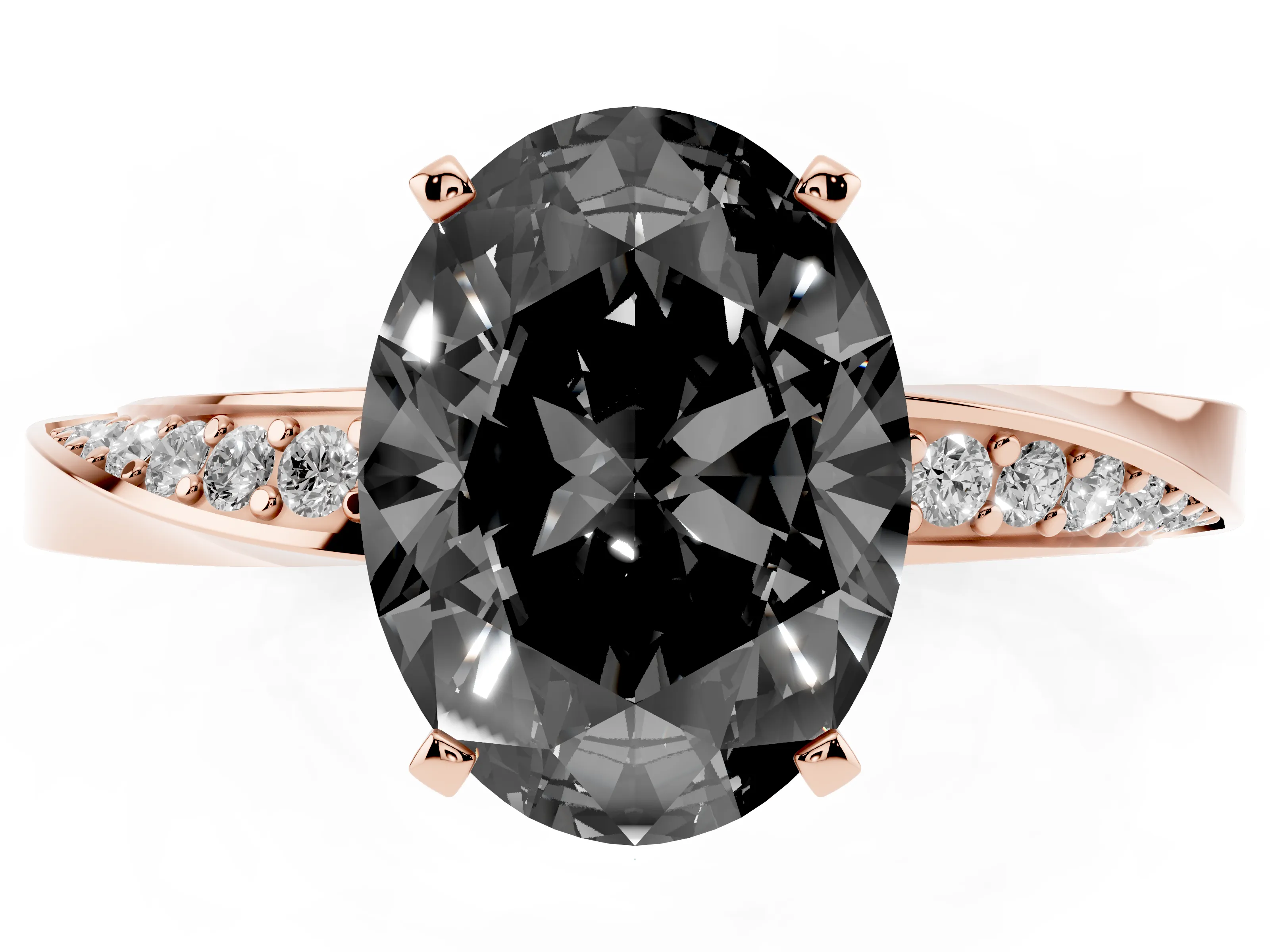 Fancy Black Oval Cut Diamond Engagement Ring Set in Rose gold with Side Stone Accents and Prong Setting