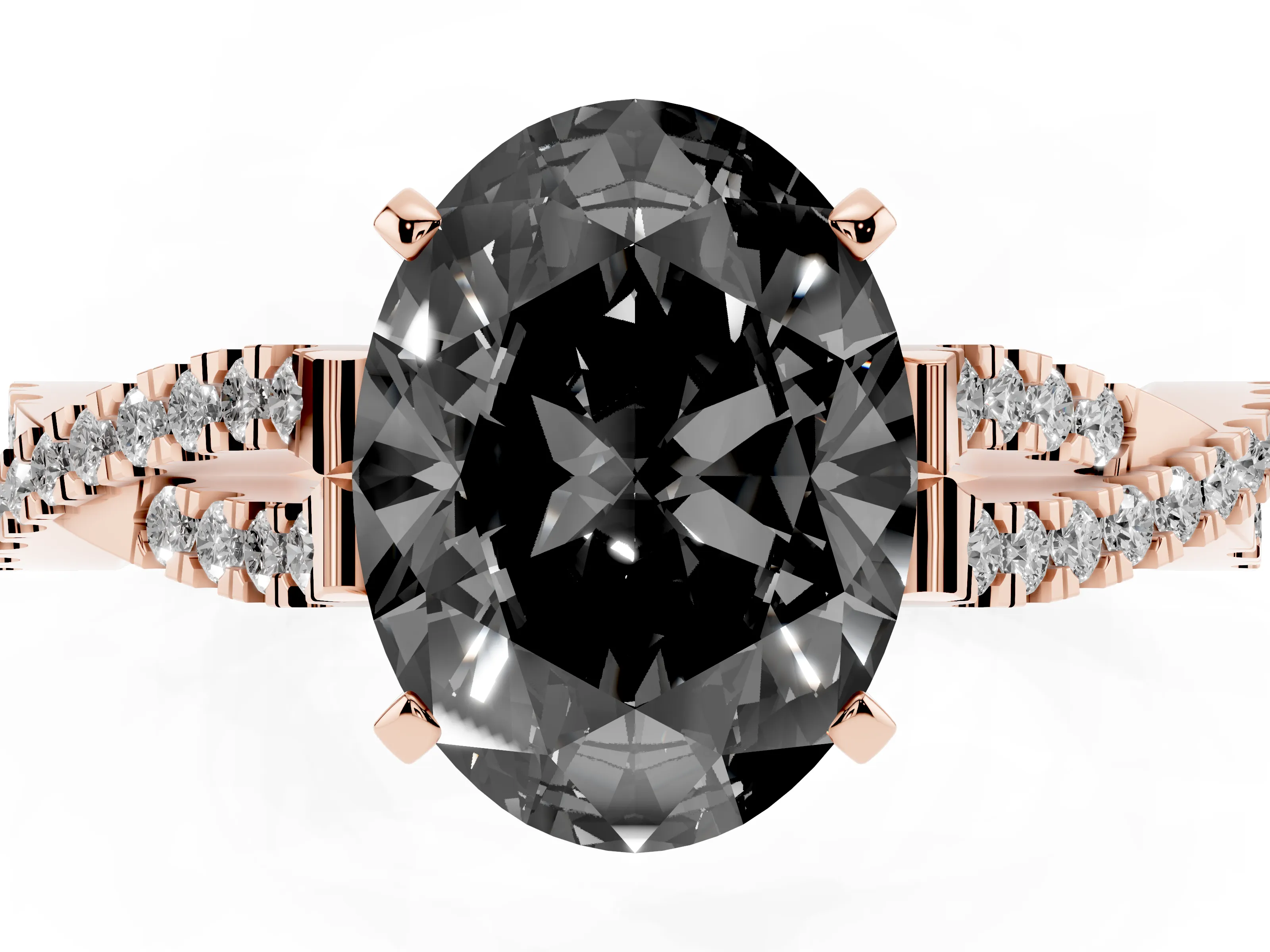 Fancy Black Oval Cut Diamond Solitaire Engagement Ring Set in Rose gold with Twisted Pavé Band and Prong Setting