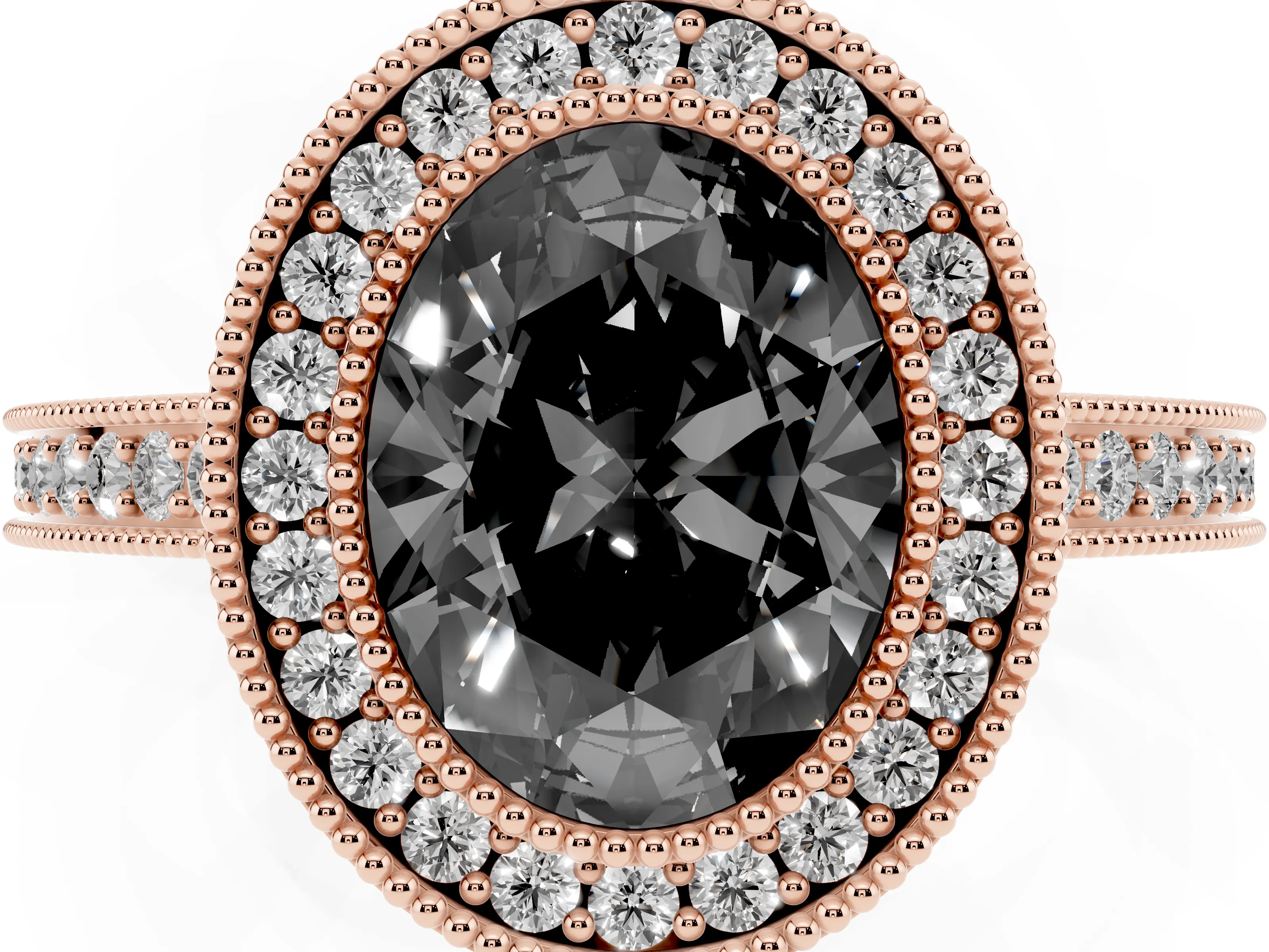 Fancy Black Oval Cut Diamond Round Halo Ring Set in Rose gold with Pavé Band