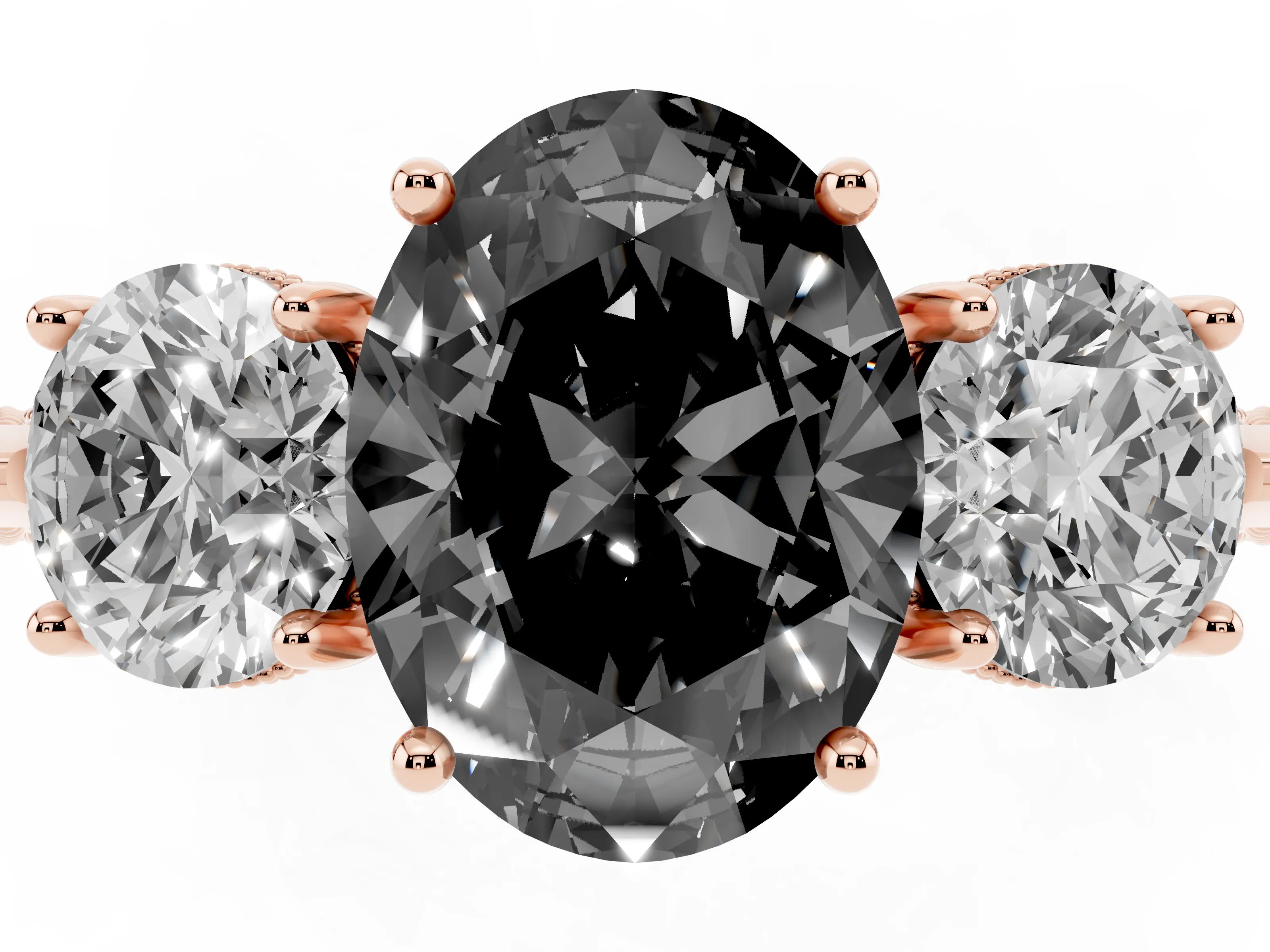 Fancy Black Oval Cut Diamond Three-Stone Ring Set in Rose gold with Milgrain Band
