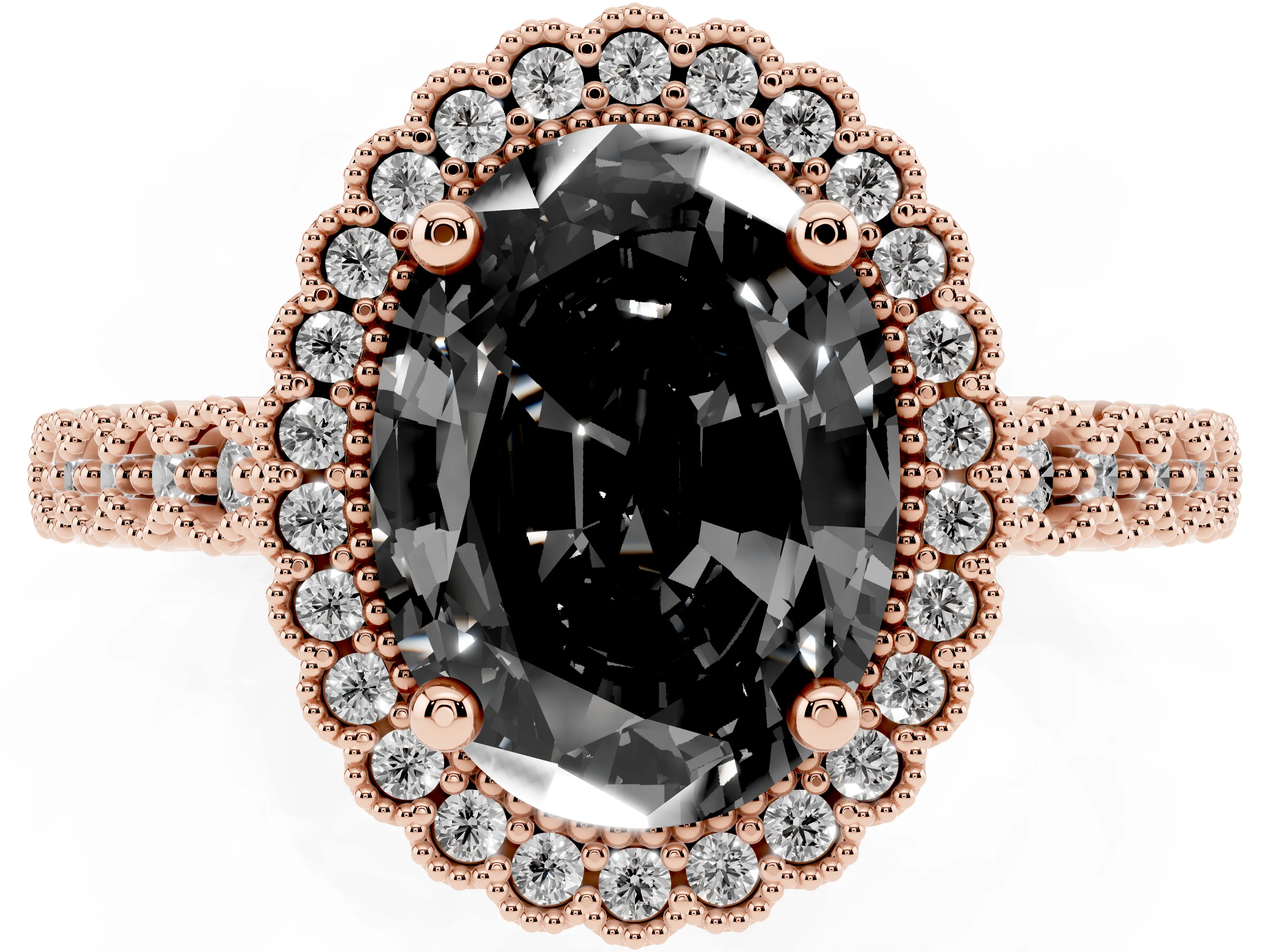 Fancy Black Oval Cut Diamond Halo Ring Set in Rose gold with Pavé Milgrain Band