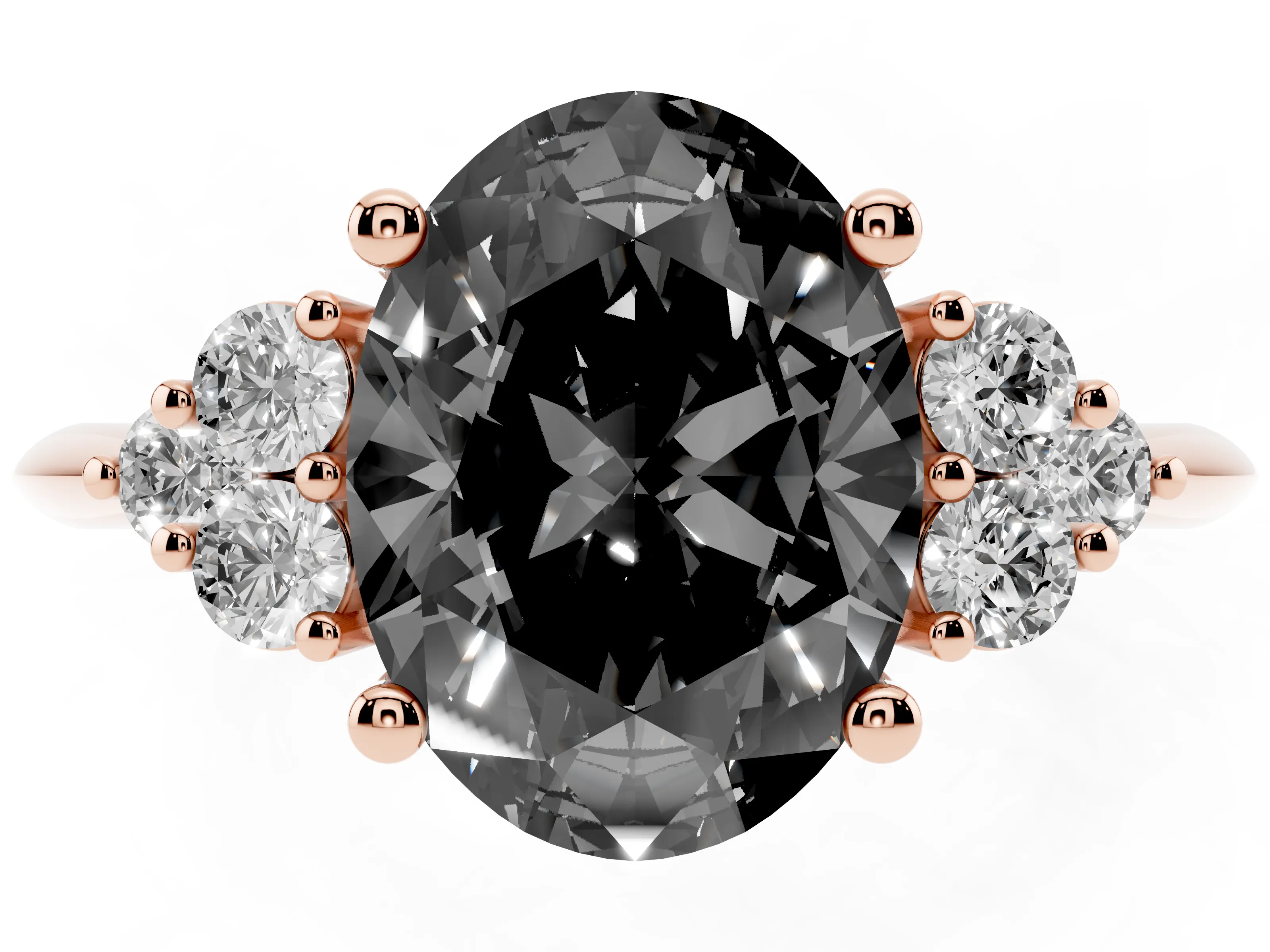Fancy Black Oval Cut Diamond Cluster Ring Set in Rose gold with Plain Band and Prong Setting