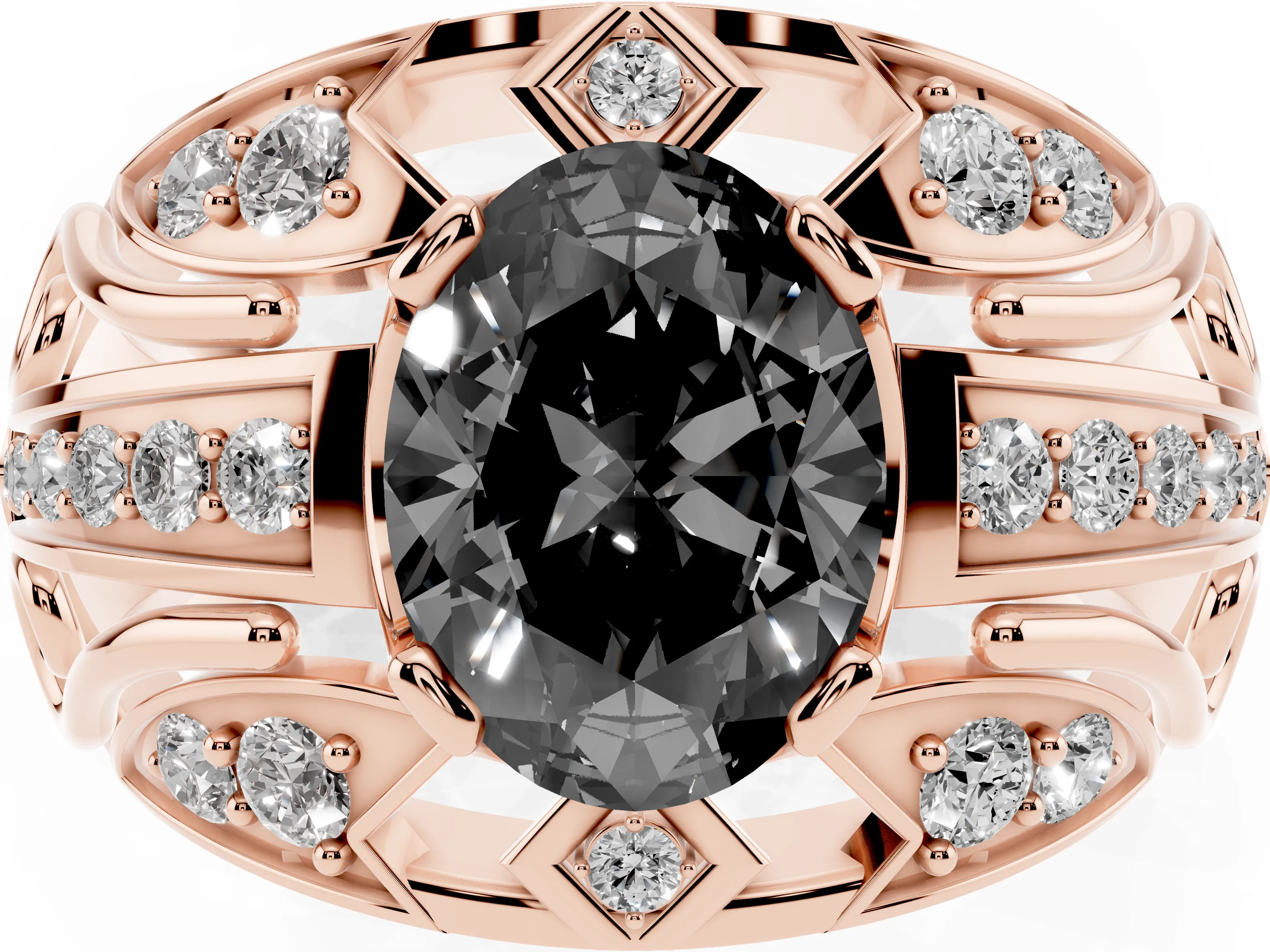 Fancy Black Oval Cut Diamond Art Deco Ring Set in Rose gold with Pavé Split Shank