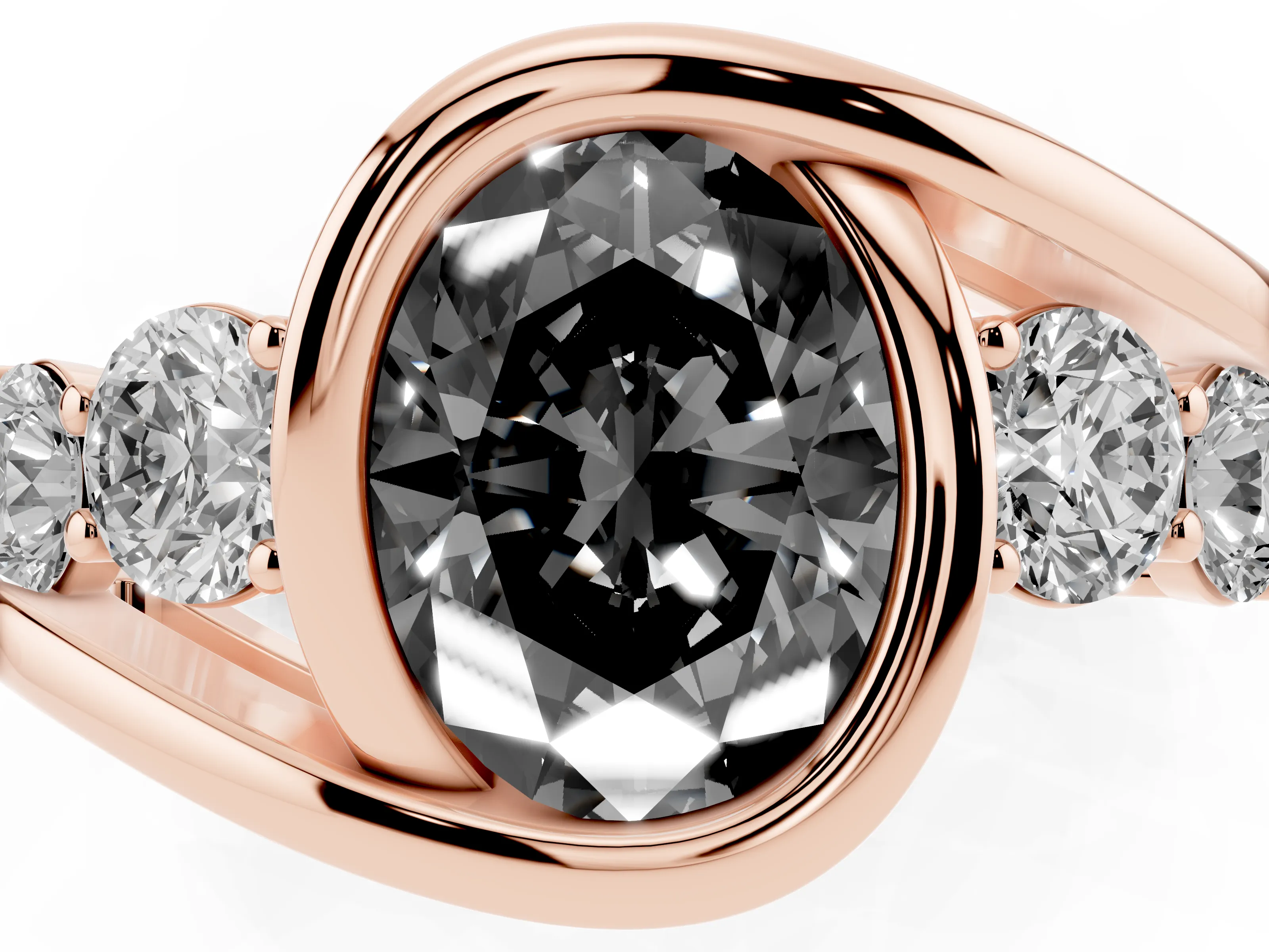 Fancy Black Oval Cut Diamond Bezel Bypass Ring Set in Rose gold with Round Accents