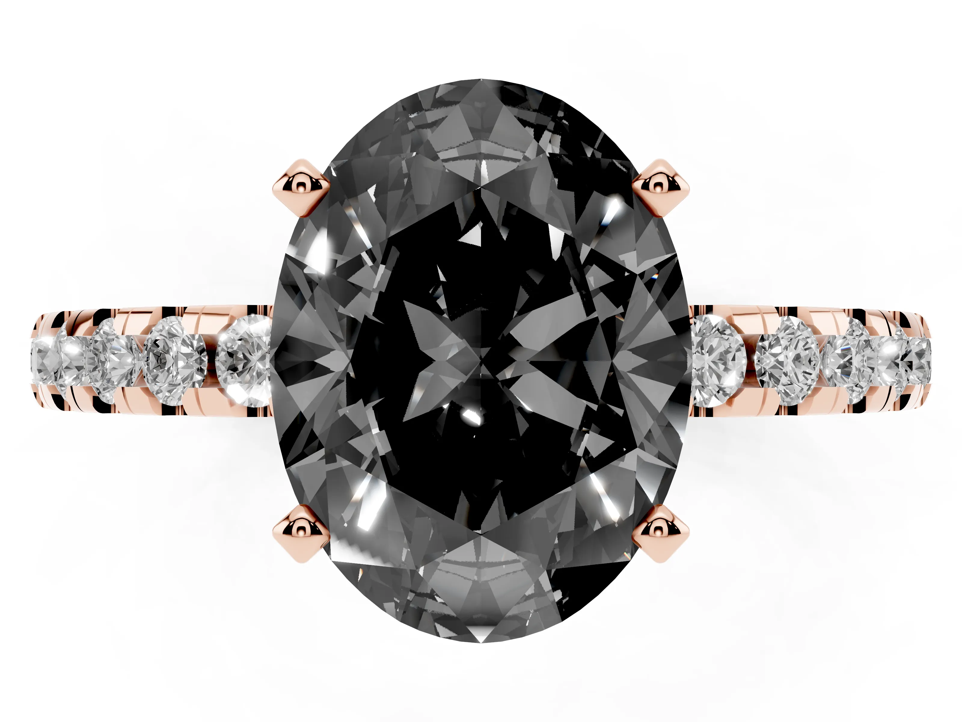 Fancy Black Oval Cut Diamond Pavé Solitaire Ring Set in Rose gold with Round Band Accents and Prong Setting