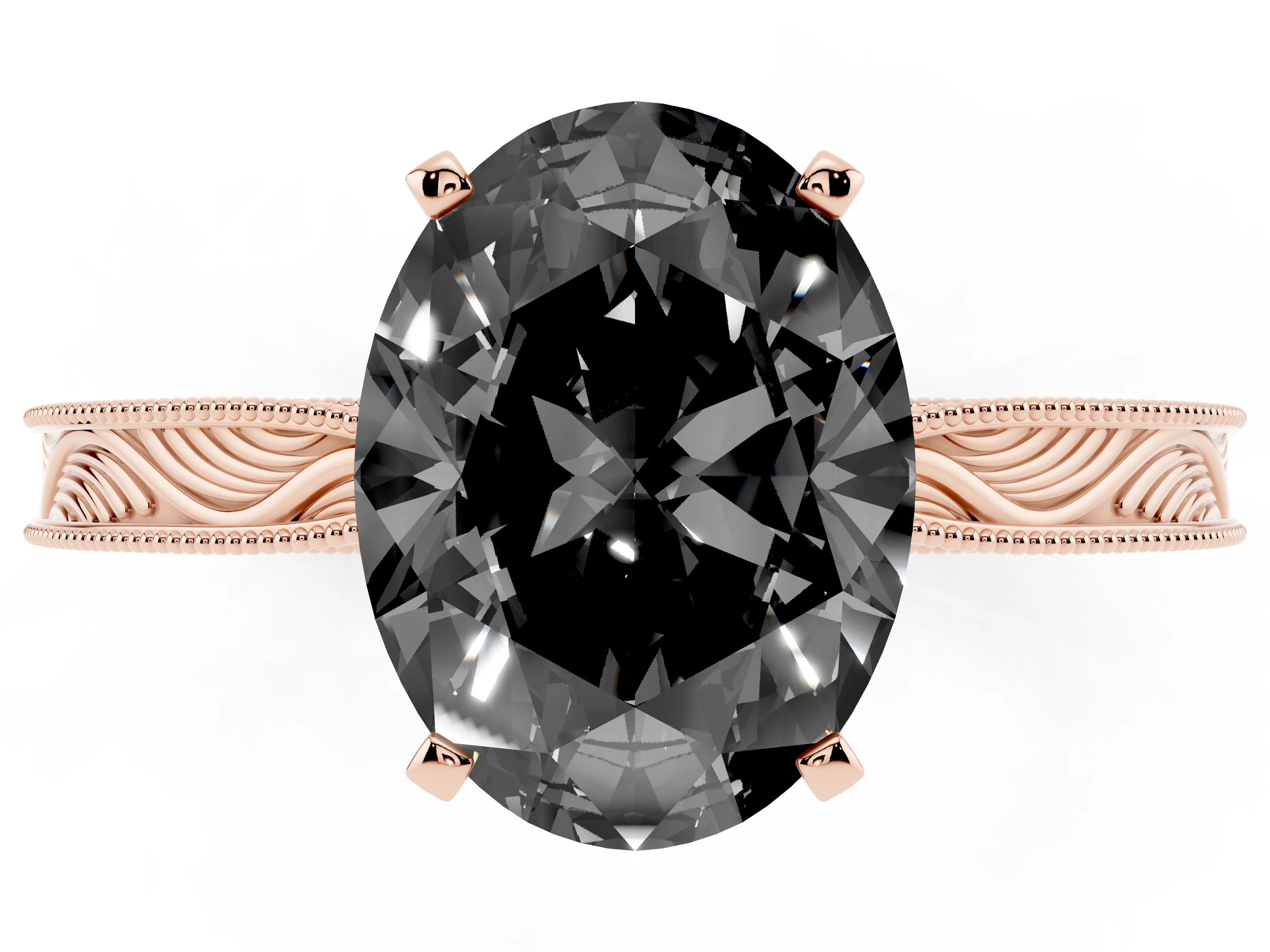 Fancy Black Oval Cut Diamond Solitaire Milgrain Engraved Band Set in Rose gold with Prong Setting