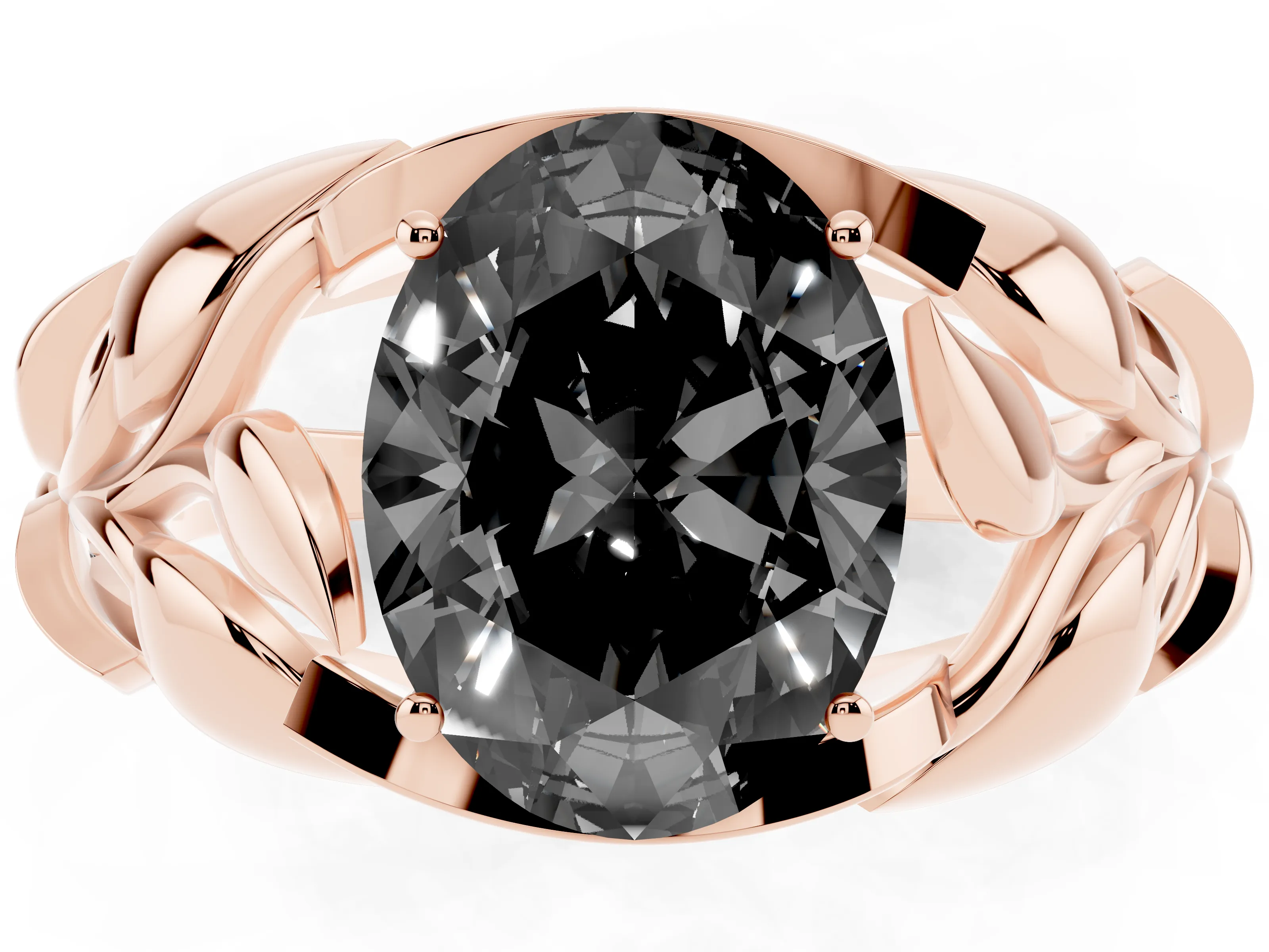 Fancy Black Oval Cut Diamond Leaf-Inspired Engagement Ring Set in Rose gold with Round Accents