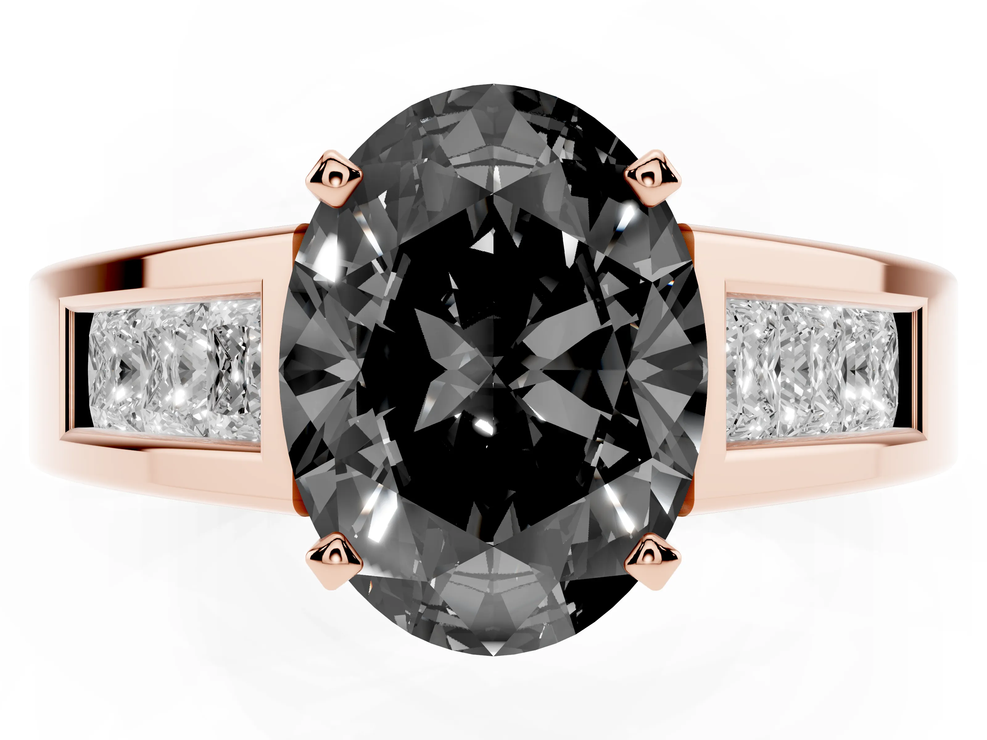Fancy Black Oval Cut Diamond Solitaire Ring Set in Rose gold with Channel-Set Accent Stones and Prong Setting