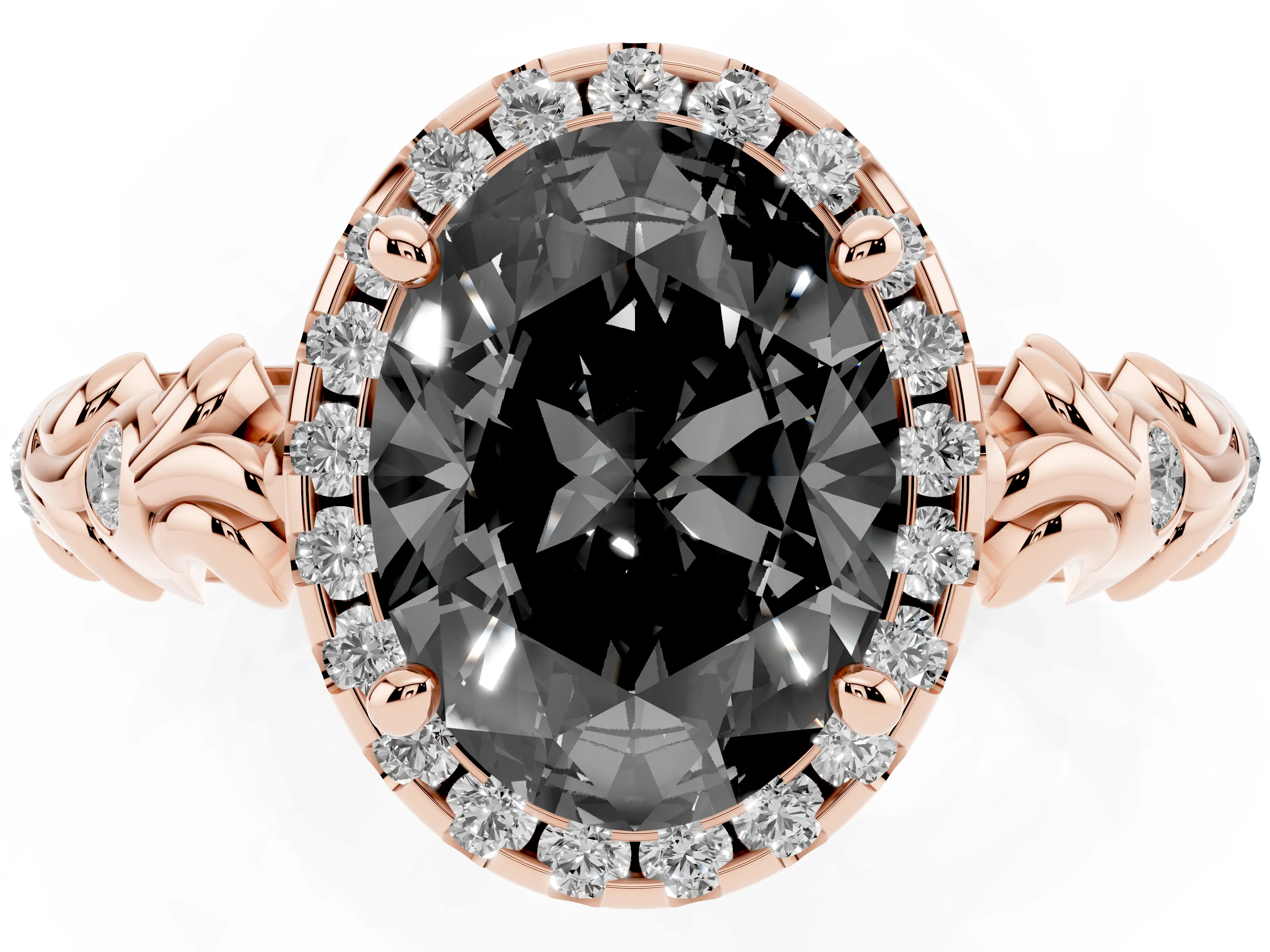 Fancy Black Oval Cut Diamond Halo Ring Set in Rose gold with Filigree Leaf Band and Prong Setting
