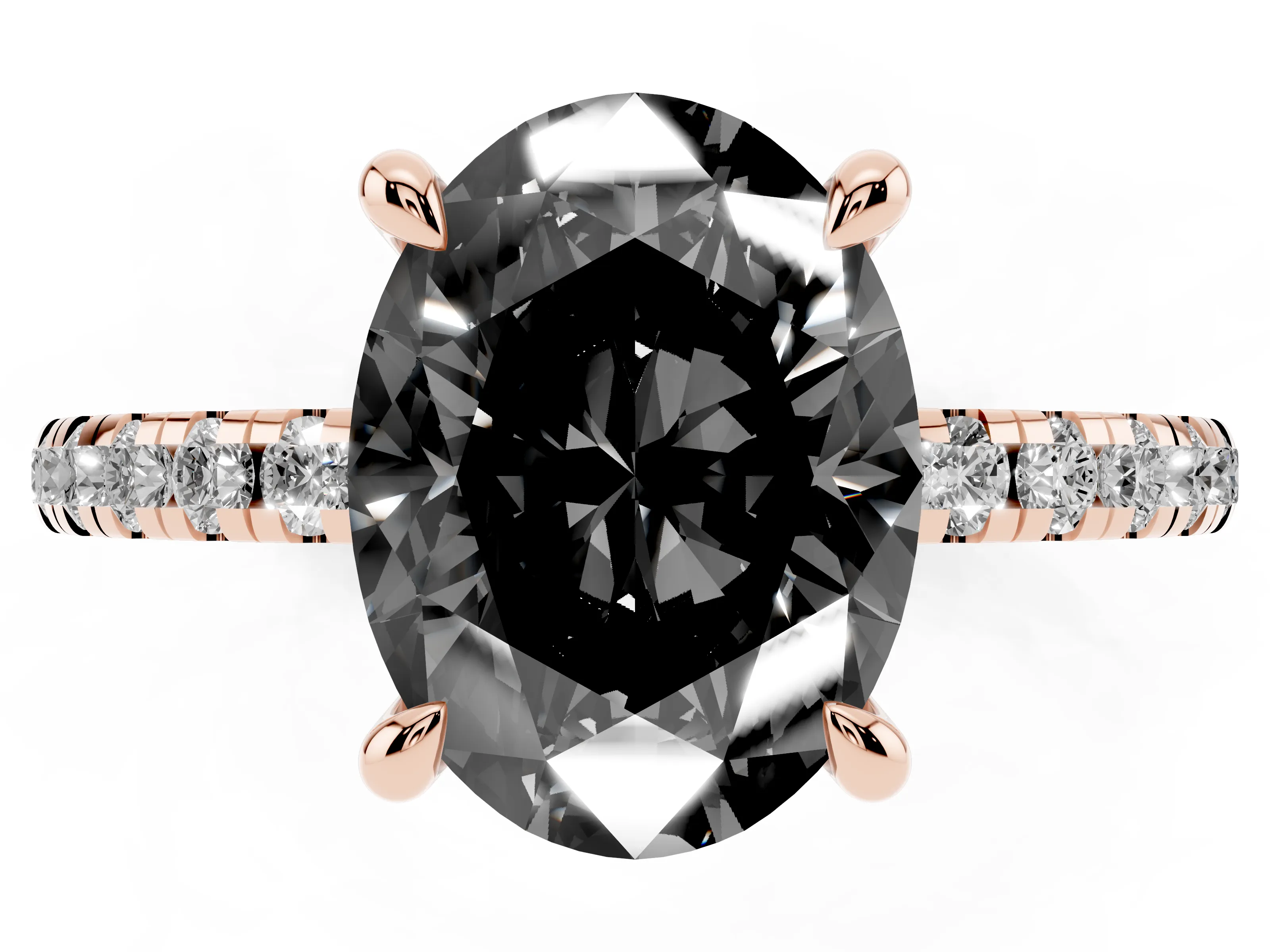 Fancy Black Oval Cut Diamond Brilliant Solitaire Ring Set in Rose gold with Pavé Band and Prong Setting