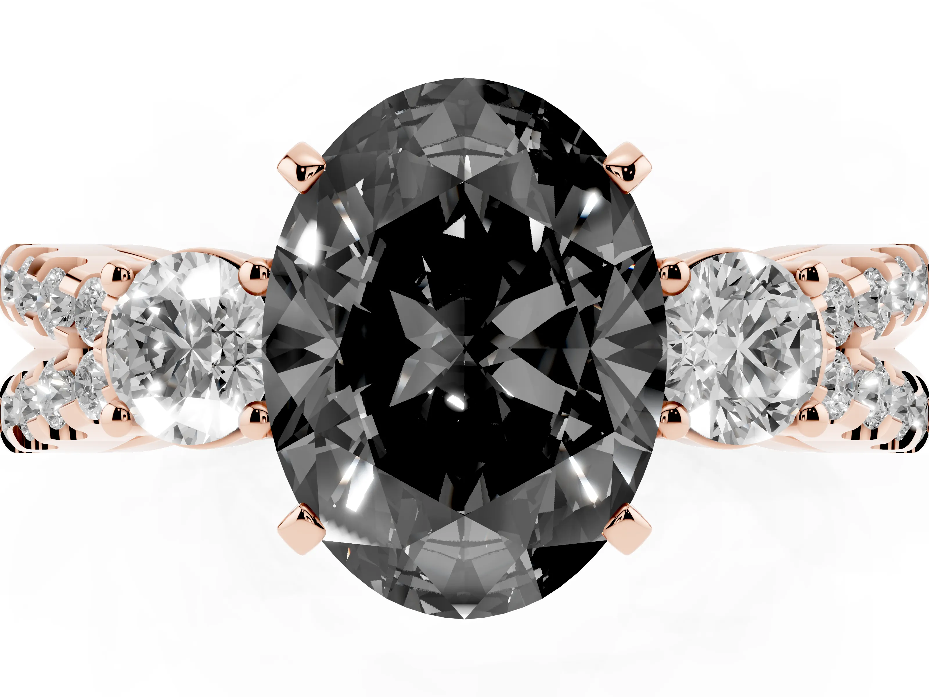 Fancy Black Oval Cut Diamond Three-Stone Ring Set in Rose gold with Pavé Split Shank and Prong Setting
