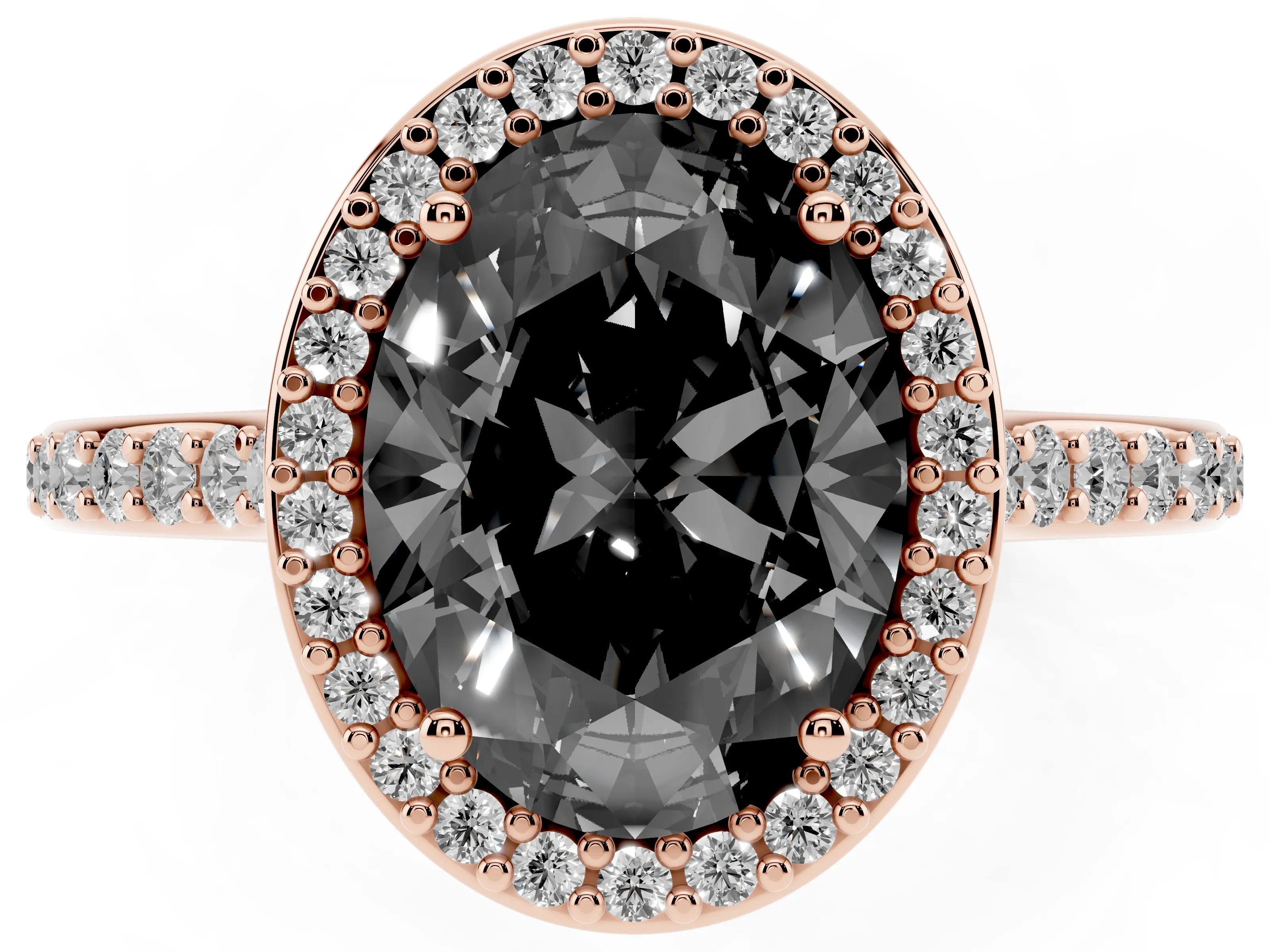 Fancy Black Oval Cut Diamond Halo Engagement Ring Set in Rose gold with Round Pavé Shoulders and Heart Gallery