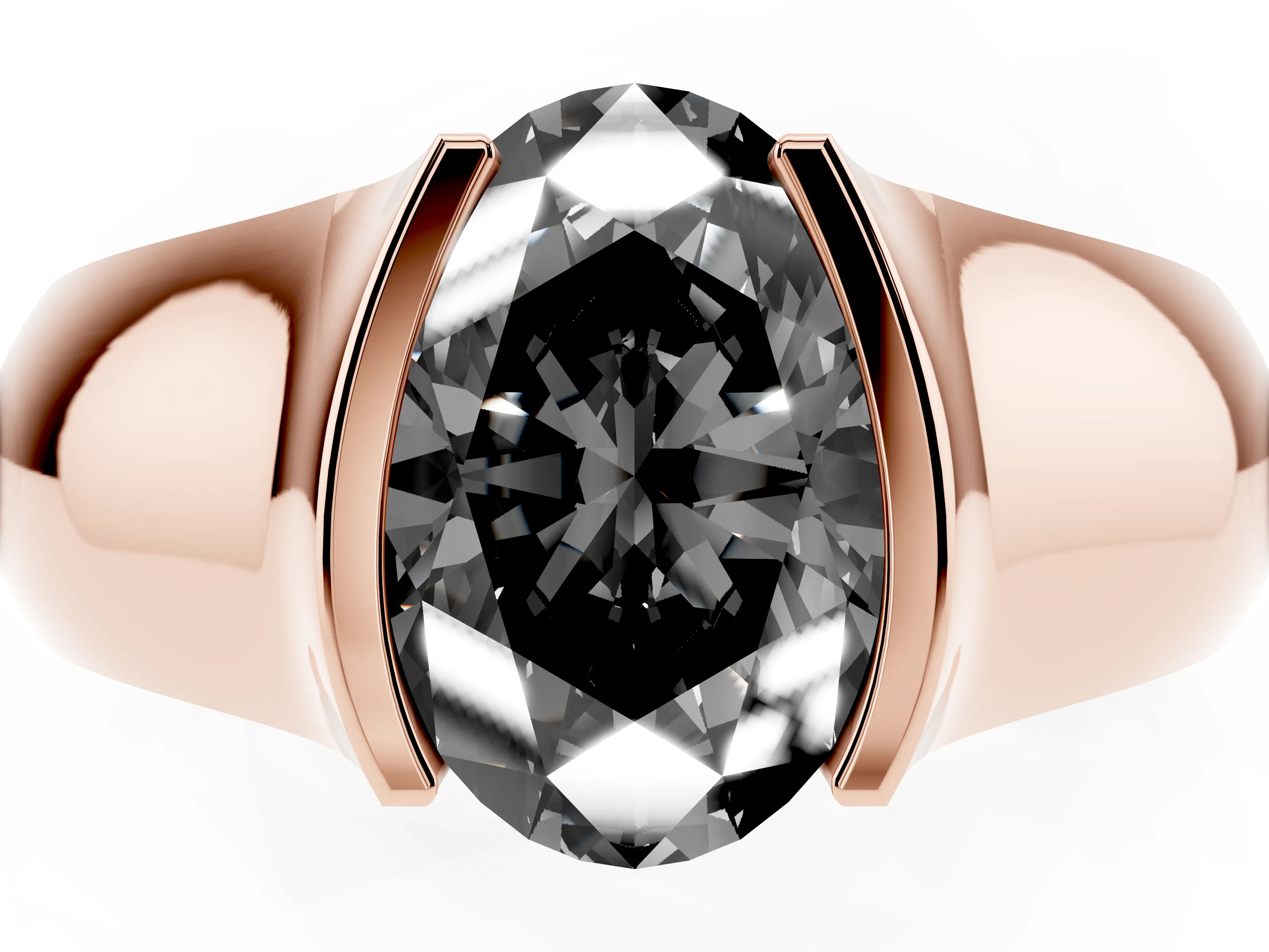 Fancy Black Oval Cut Diamond Bezel Solitaire Ring Set in Rose gold with Wide Band