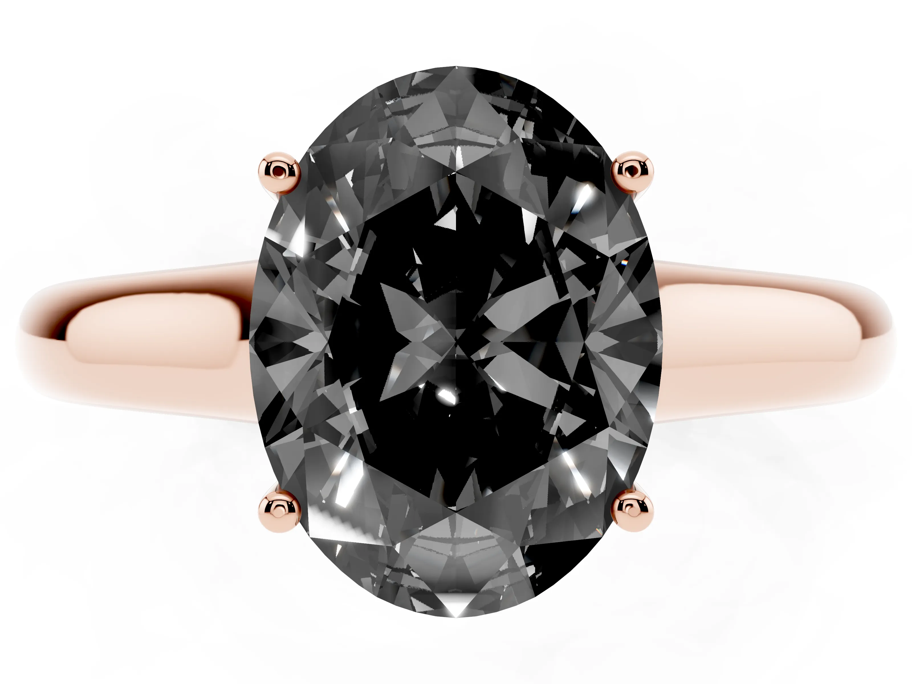 Fancy Black Oval Cut Diamond Solitaire Engagement Ring Set in Rose gold with Subtly Tapered Band and Prong Setting