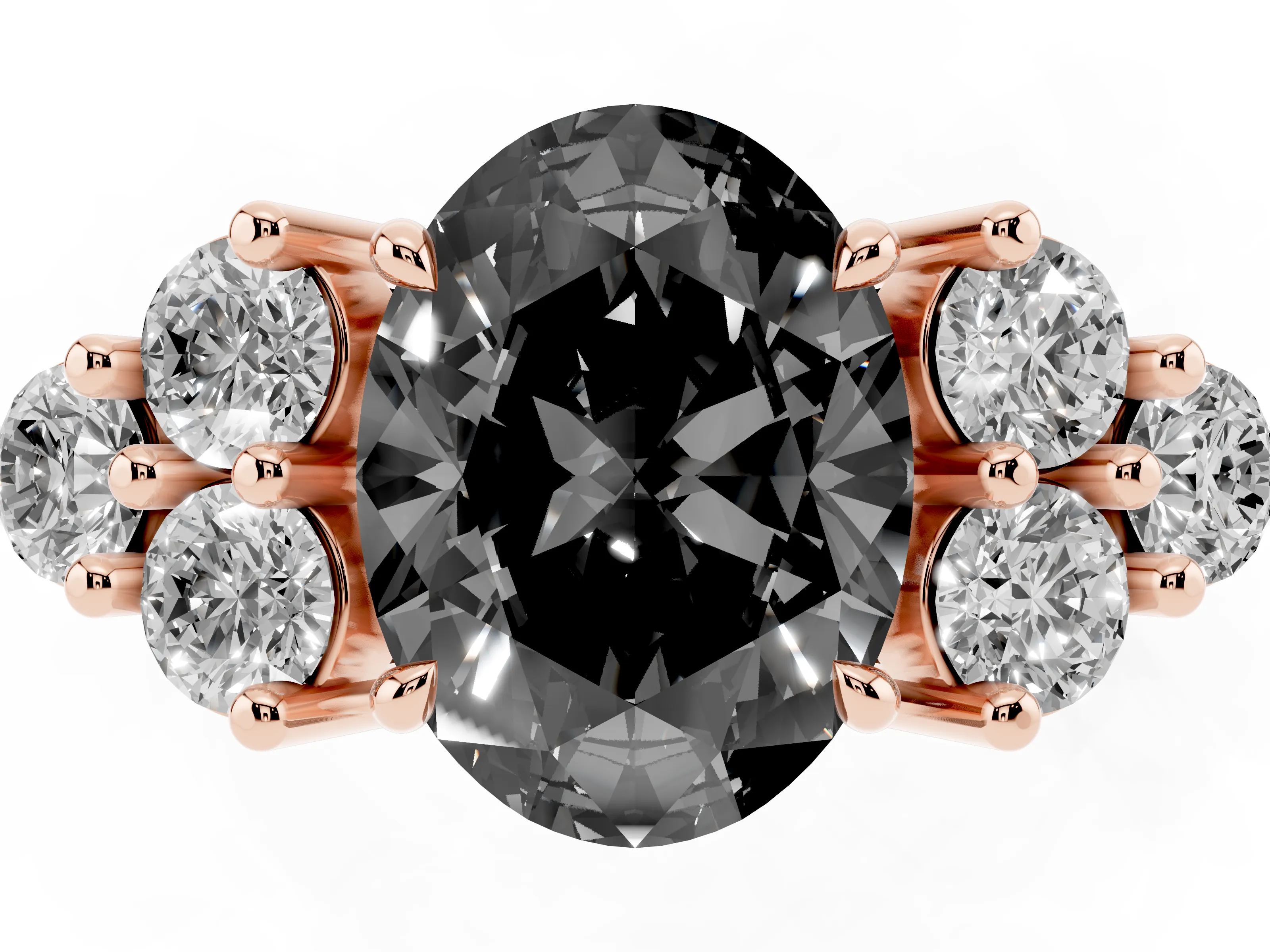 Fancy Black Oval Cut Diamond Solitaire Ring Set in Rose gold with Cluster Accents on Each Side