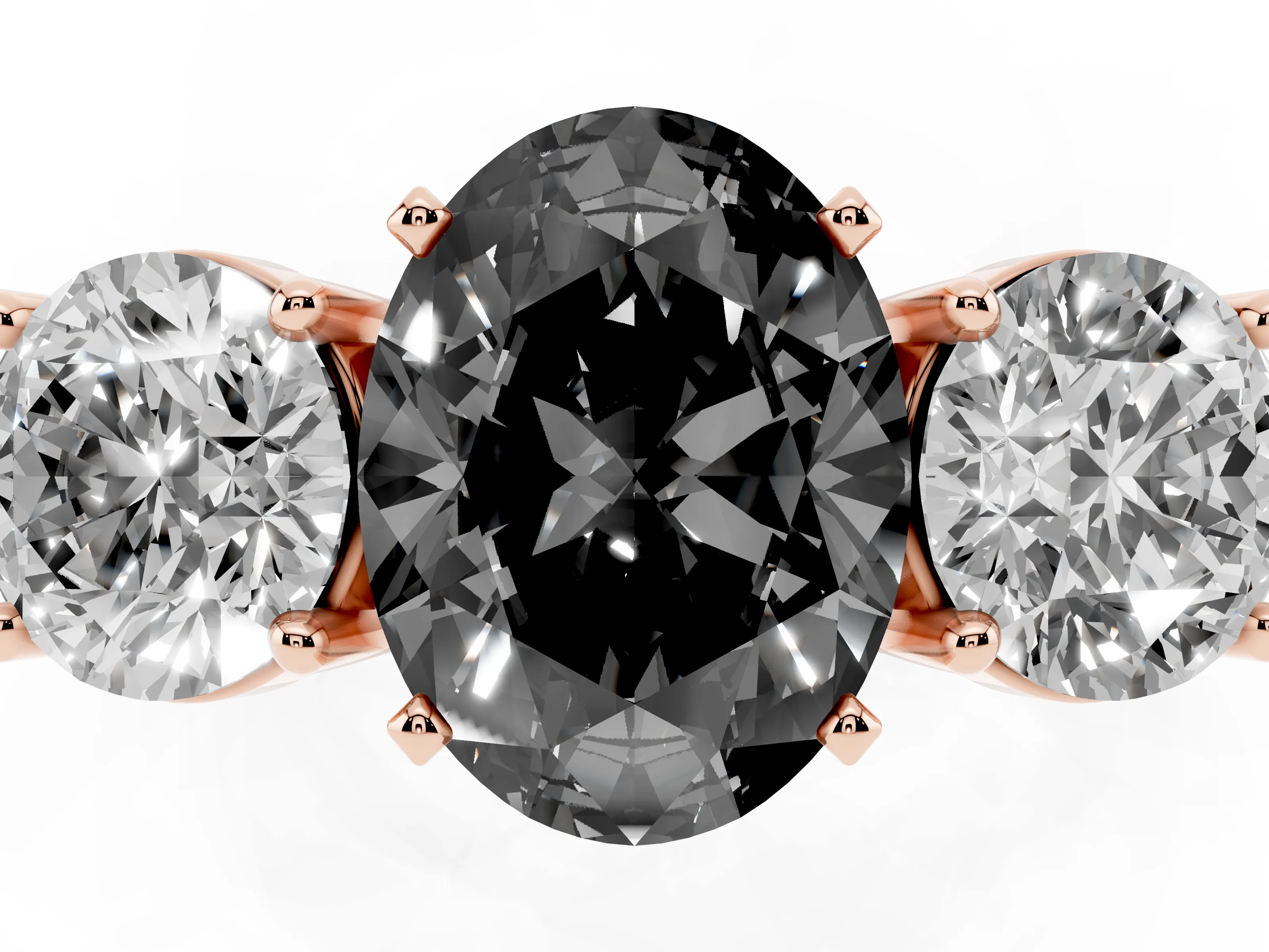 Fancy Black Oval Cut Diamond Three-Stone Ring Set in Rose gold with Round Side Stones and Classic Band
