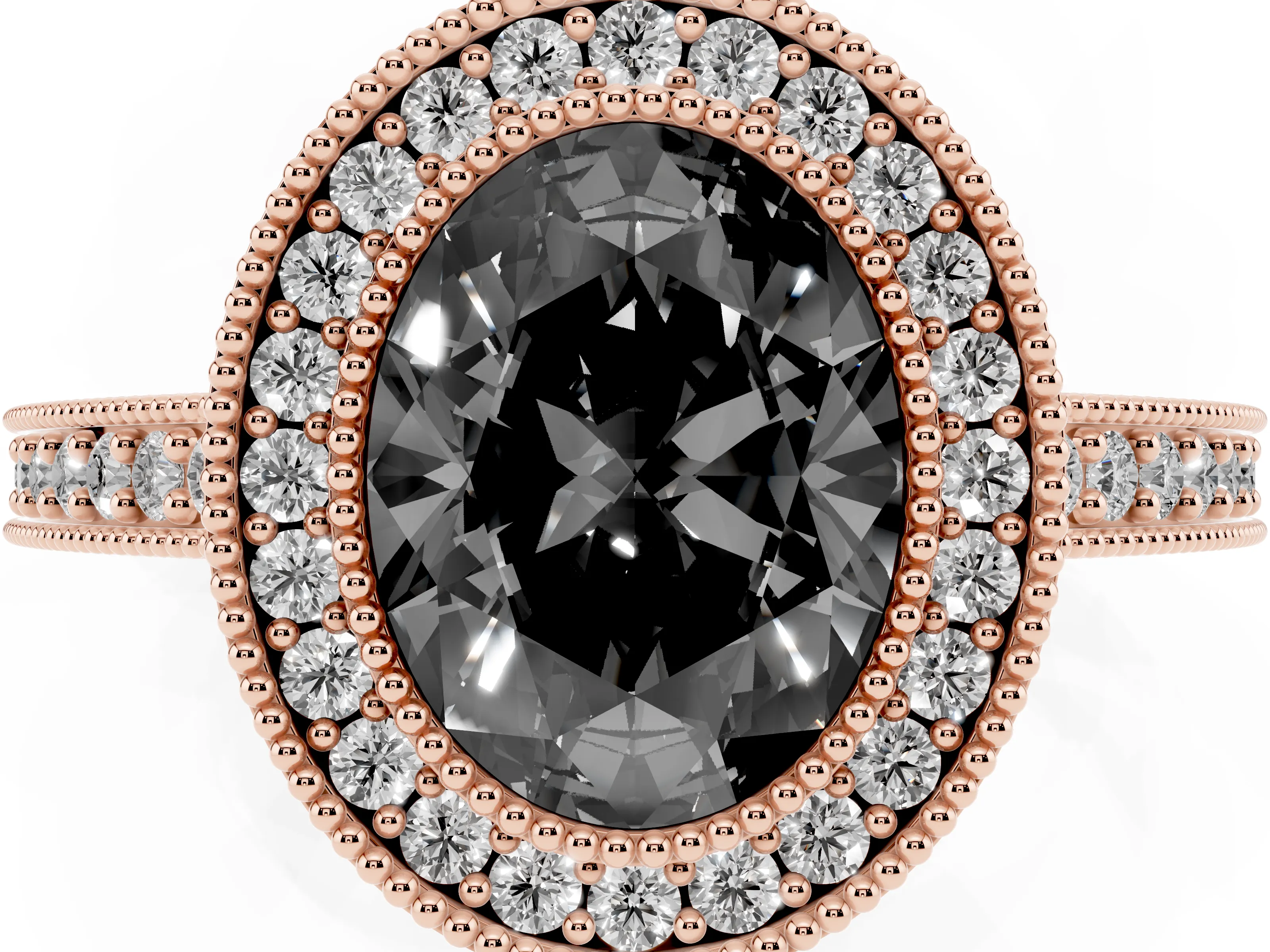 Fancy Black Oval Cut Diamond Halo Engagement Ring Set in Rose gold with Pavé Band and Round Halo Stones