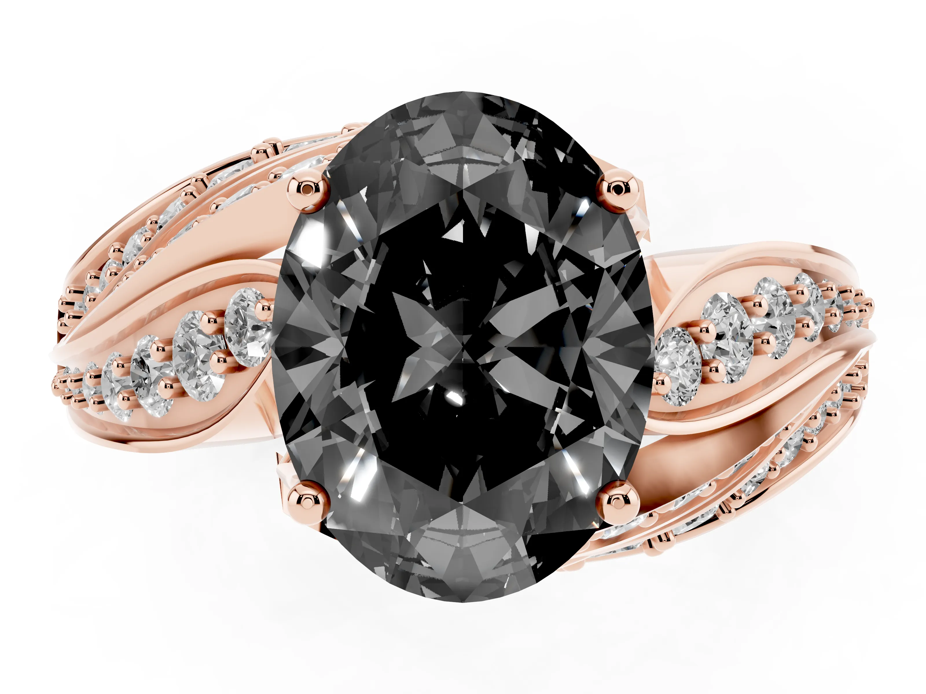 Fancy Black Oval Cut Diamond Solitaire Ring Set in Rose gold with Layered Twist Pavé Band