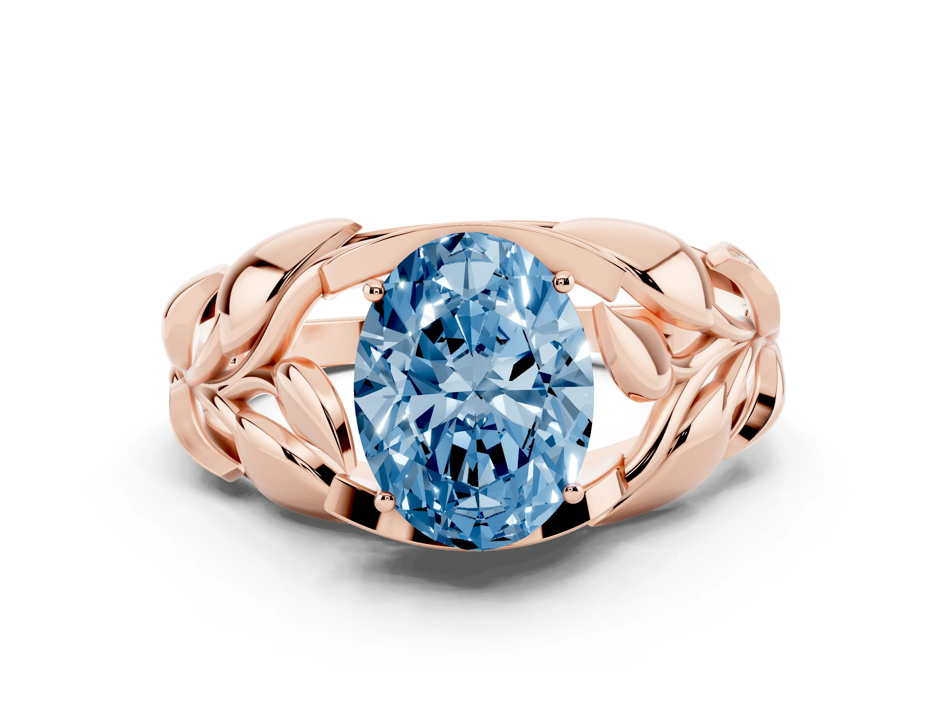 Fancy Blue Oval Cut Diamond Leaf-Inspired Engagement Ring Set in Rose gold with Round Accents