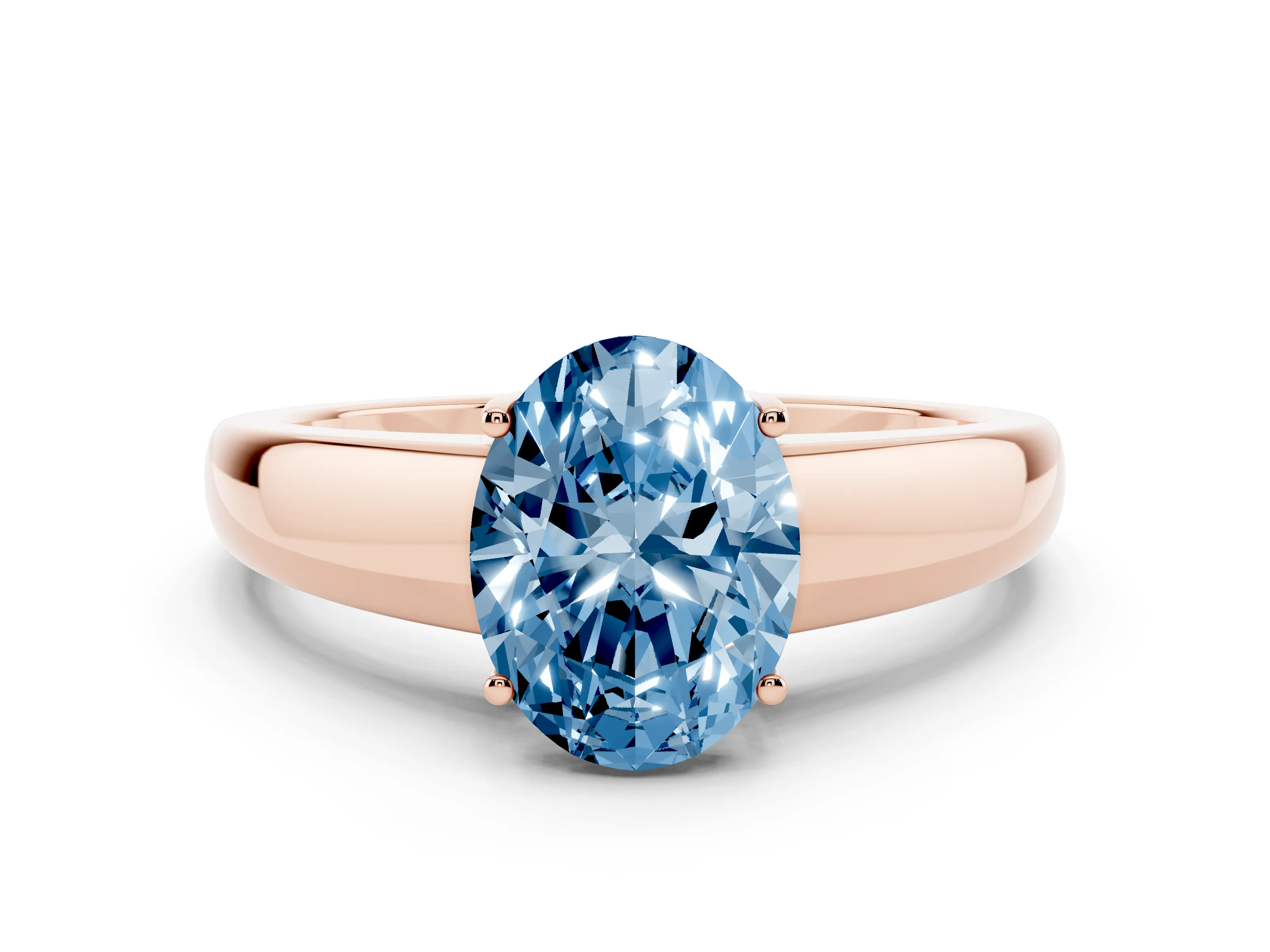 Fancy Blue Oval Cut Diamond Solitaire Ring Set in Rose gold with Tapered Band and Prong Setting