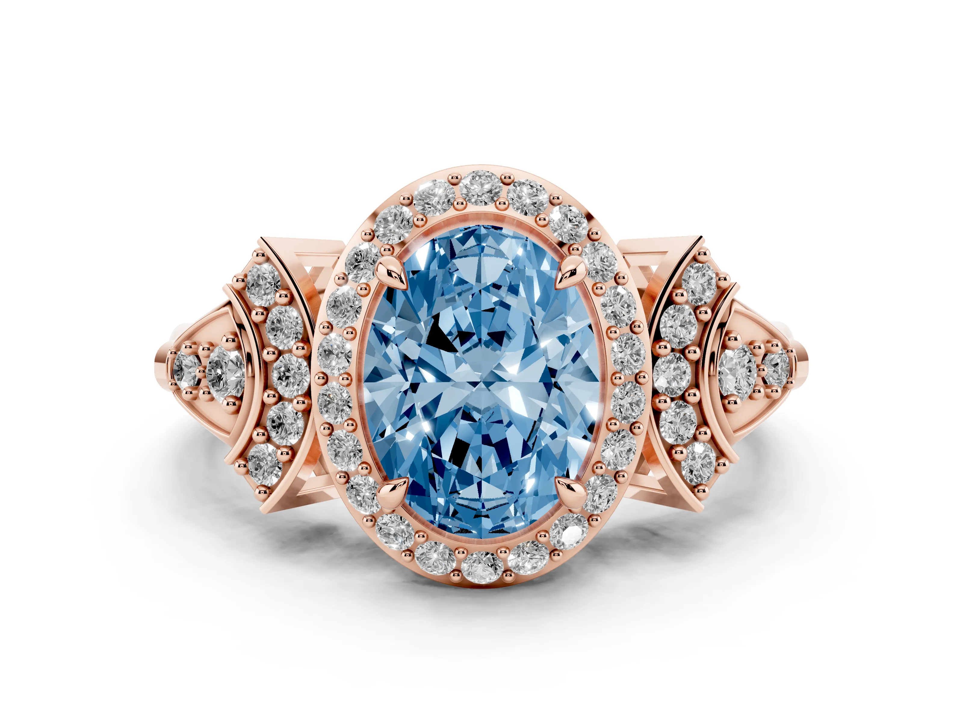 Fancy Blue Oval Cut Diamond Halo Engagement Ring Set in Rose gold with Accent Stone Split Shank