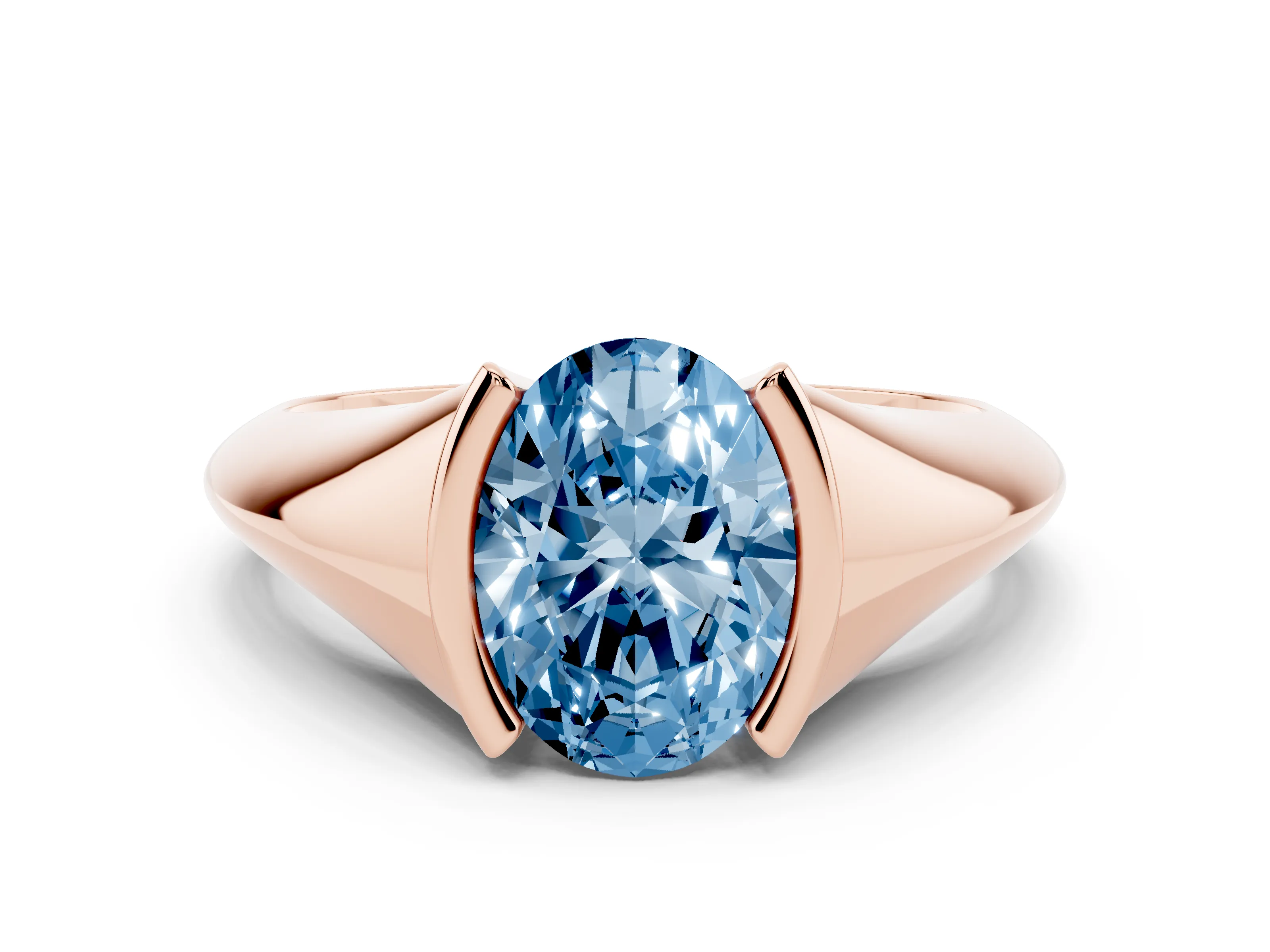Fancy Blue Oval Cut Diamond Solitaire Tension Set Ring Set in Rose gold