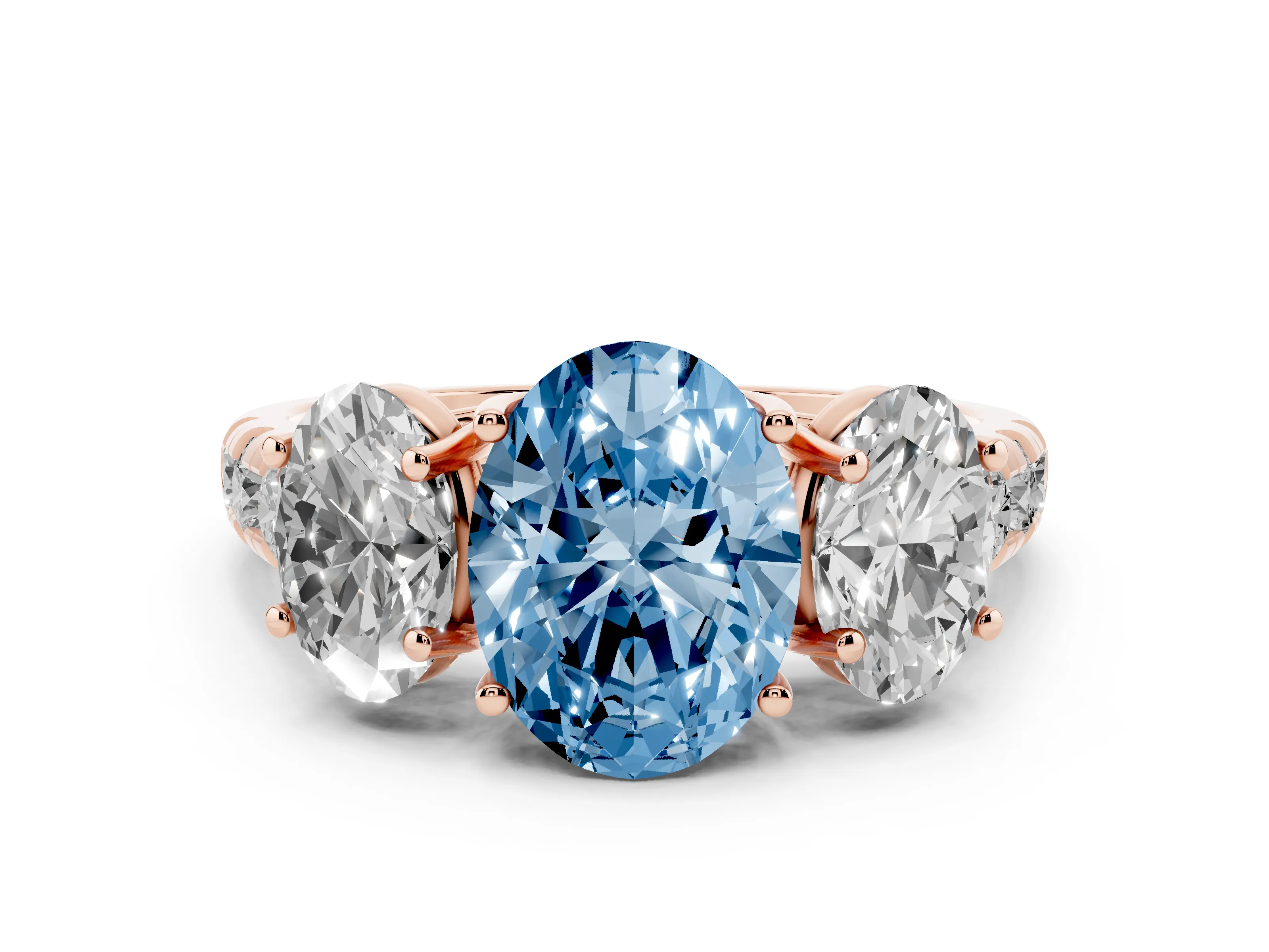 Fancy Blue Oval Cut Diamond Three-Stone Ring Set in Rose gold with Pavé Band