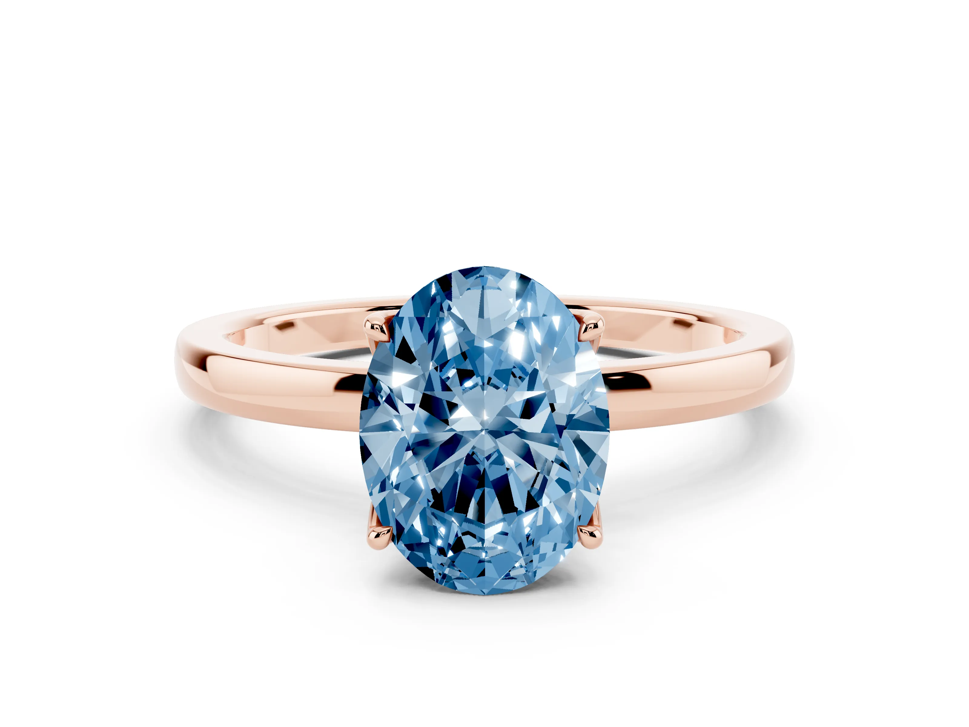Fancy Blue Oval Cut Diamond Solitaire Ring Set in Rose gold with Prong Setting and Thin Polished Band