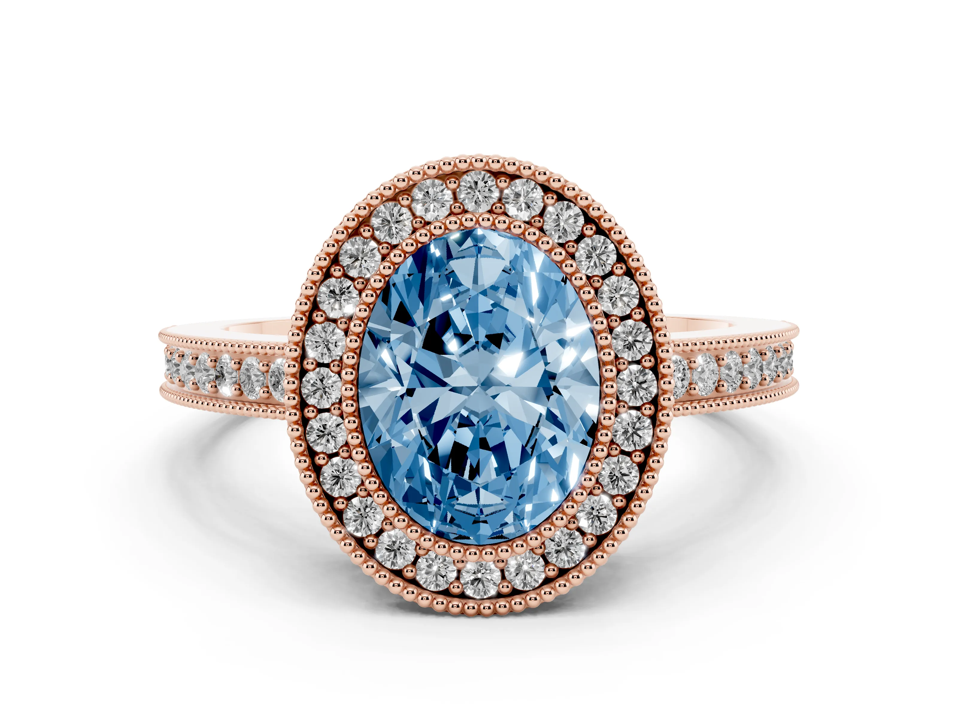 Fancy Blue Oval Cut Diamond Round Halo Ring Set in Rose gold with Pavé Band