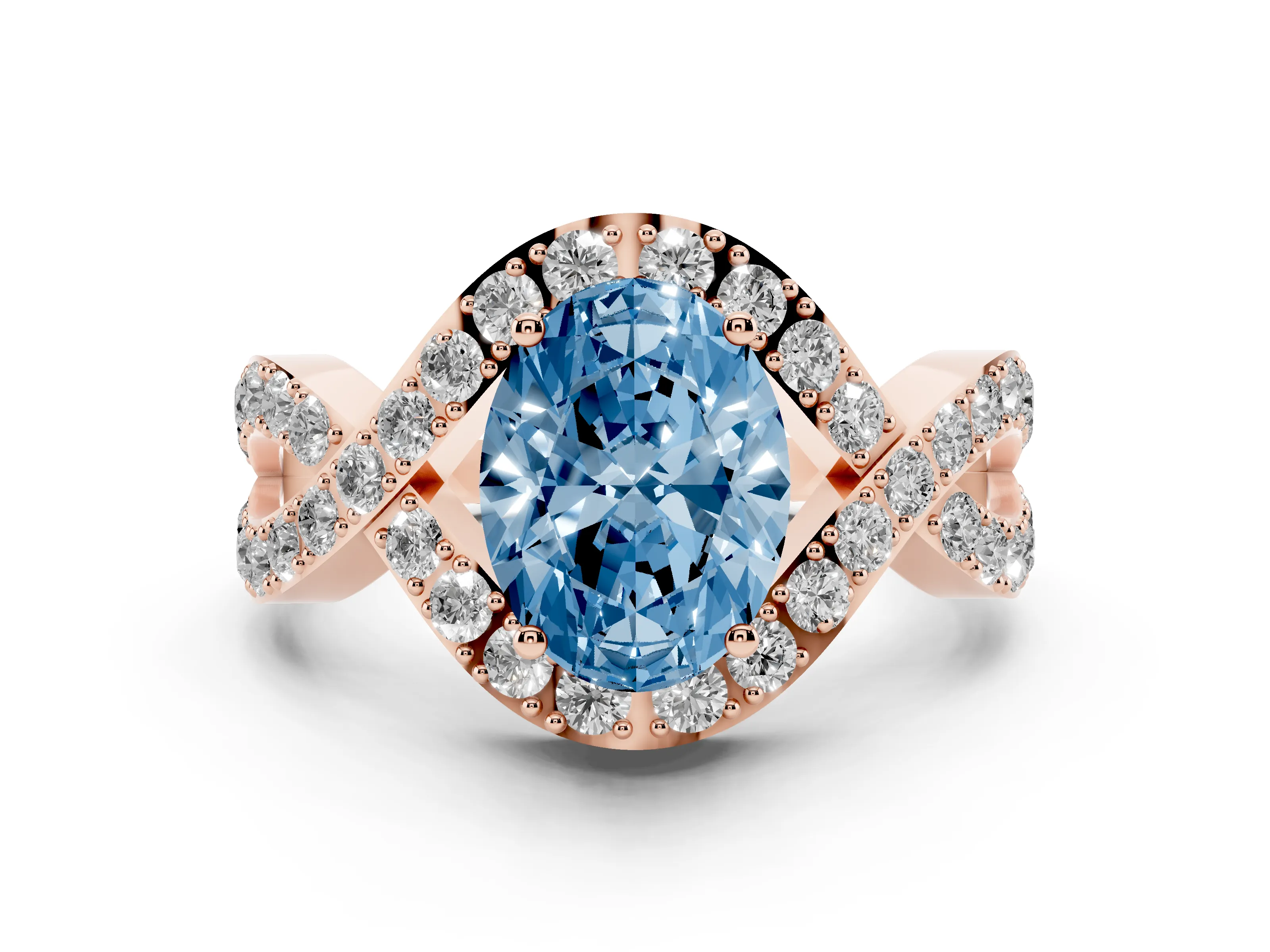 Fancy Blue Oval Cut Diamond Solitaire Twist Band Pavé Engagement Ring Set in Rose gold